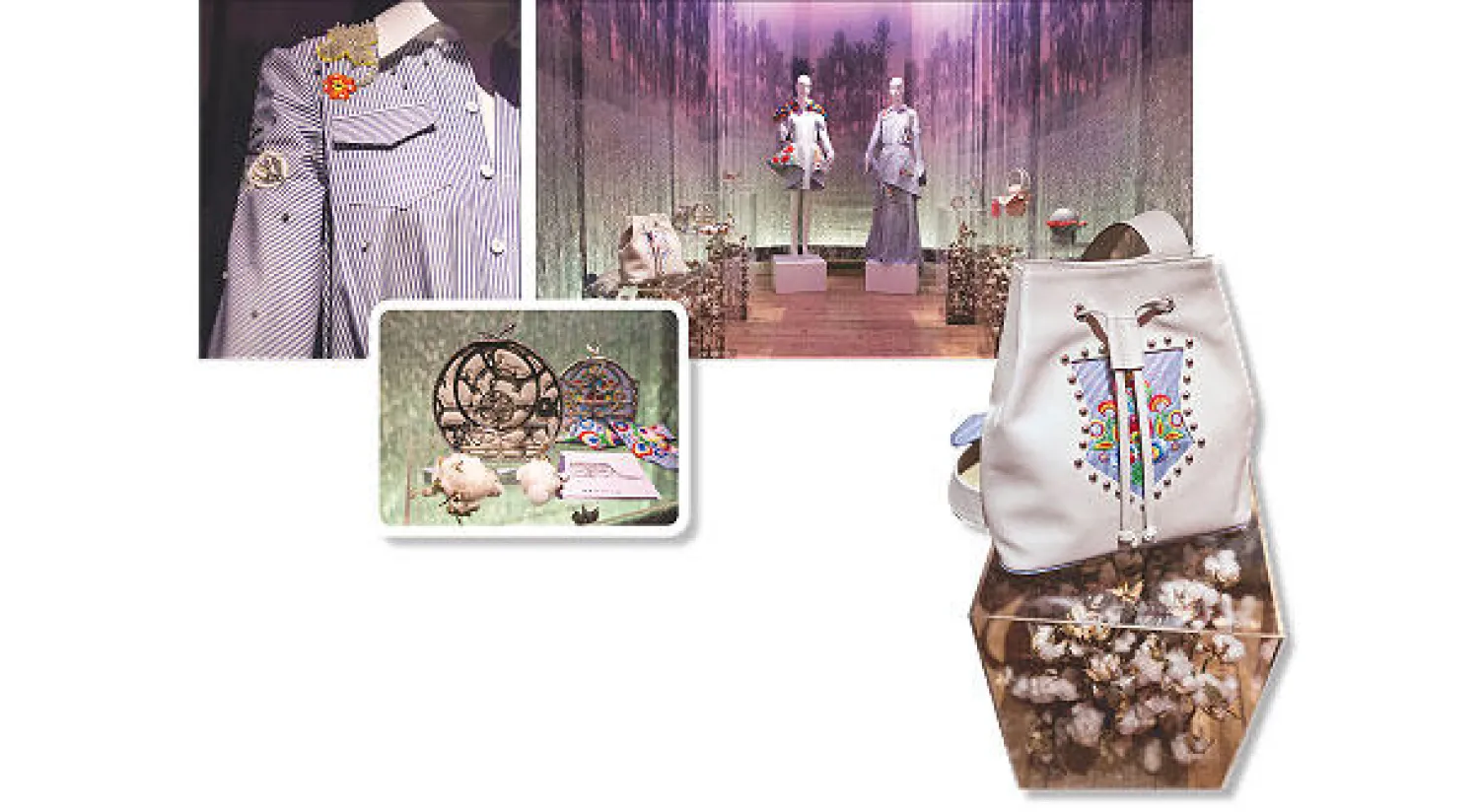 حقيبة يد من إبداع «أختين Okhtein» - لقطة للقسم المصري حيث تغطي الجدران قطعة كبيرة  من القطن المصري رسم عليها حقل من القطن - حقائب يد مستوحاة من دورة زراعة وقطف القطن من «أختين Okhtein» - جانب من قميص قطني  من «مارام باريس»