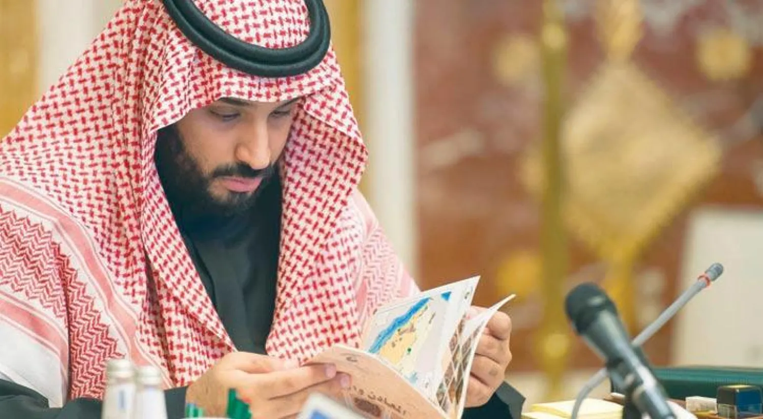 الأمير محمد بن سلمان ولي ولي العهد يتصفح إحدى المطبوعات في مجال التعدين (واس)