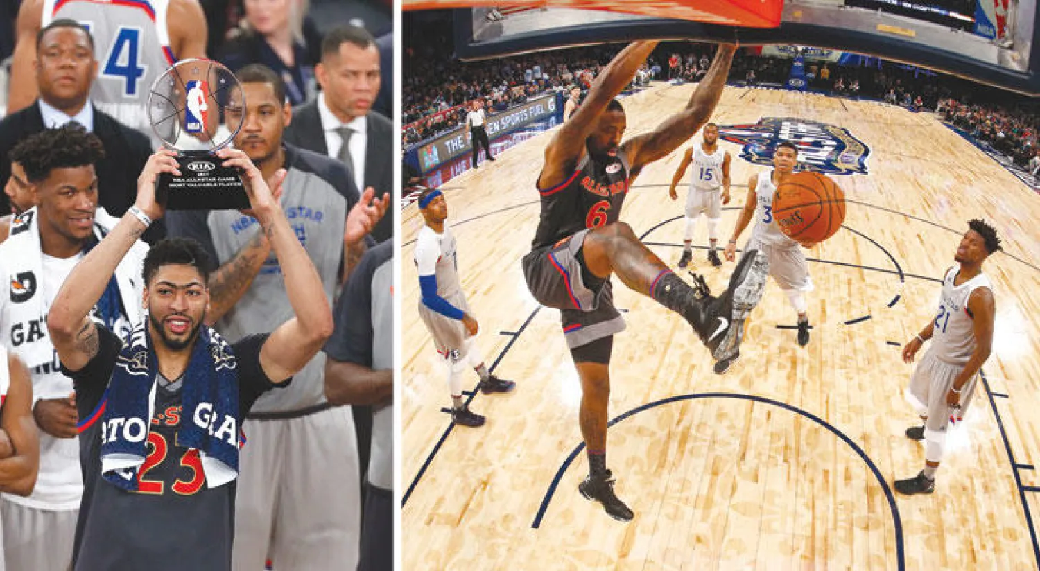 أندريه غوردان لاعب المنطقة الغربية يسجل في سلة الشرقية (أ.ب)  -  ديفيس يرفع الكأس بعد الانتصار في مباراة «كل النجوم» (أ.ب)