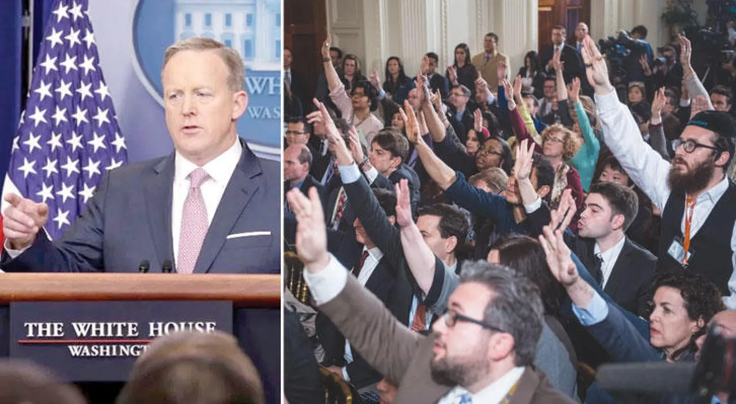 صحافيو أميركا أثناء الإيجاز الصحافي اليومي (غيتي)  -  المتحدث الصحافي باسم البيت الأبيض يترأس المؤتمر الصباحي («الشرق الأوسط»)