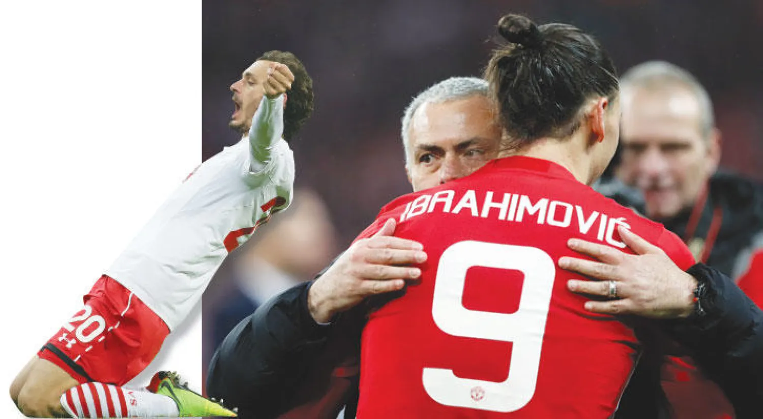 مورينيو يعانق إبراهيموفيتش بعد حصدهما لأول لقب مع يونايتد (أ.ب)  -  غابياديني أظهر براعته كهداف مع ساوثهامبتون (أ.ب)