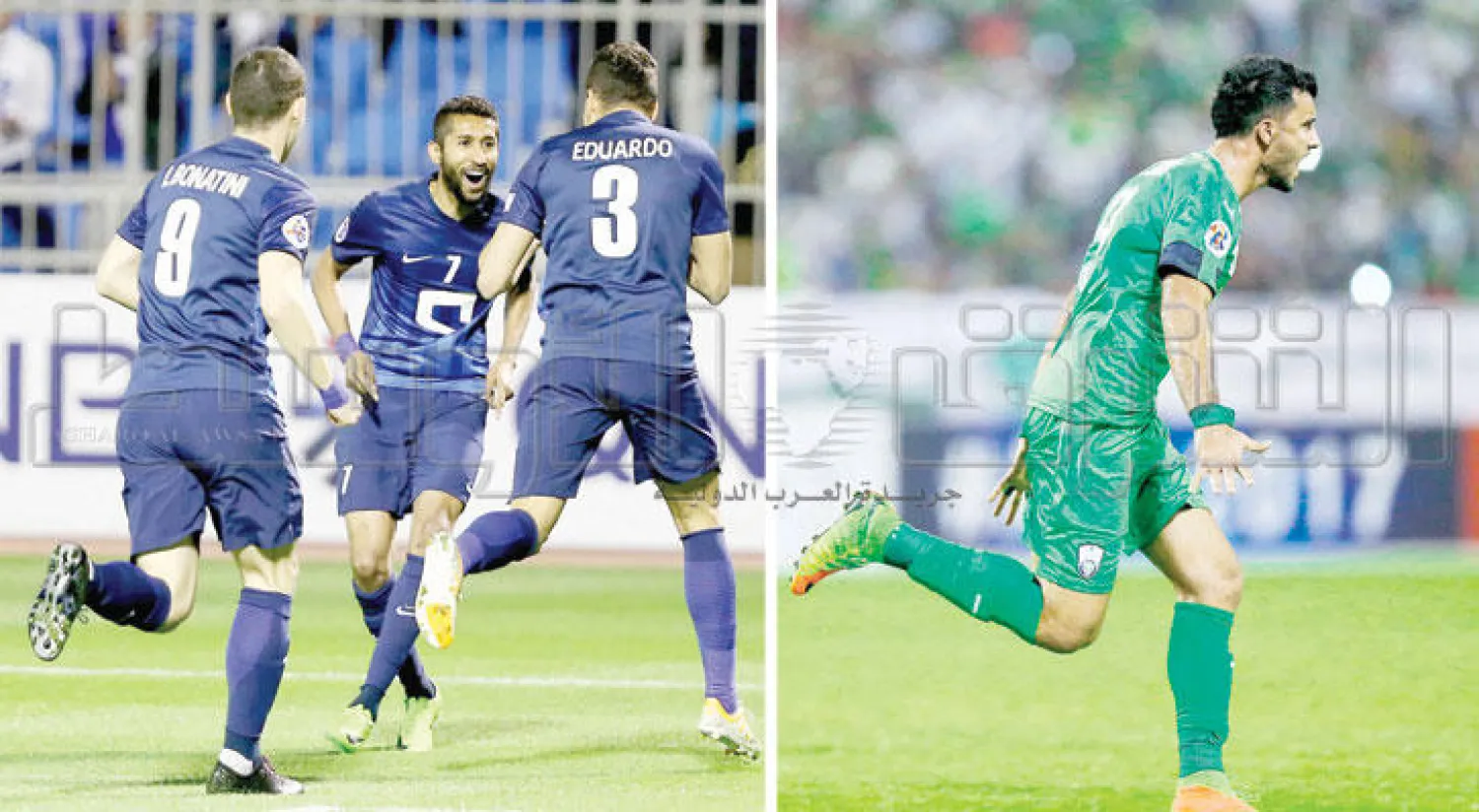 السومة ينطلق فرحاً بهدفه الثمين في الشباك الإيرانية (تصوير: بدر الحمد)  -  فرحة هلالية بهدف إدواردو (تصوير: أحمد يسري)