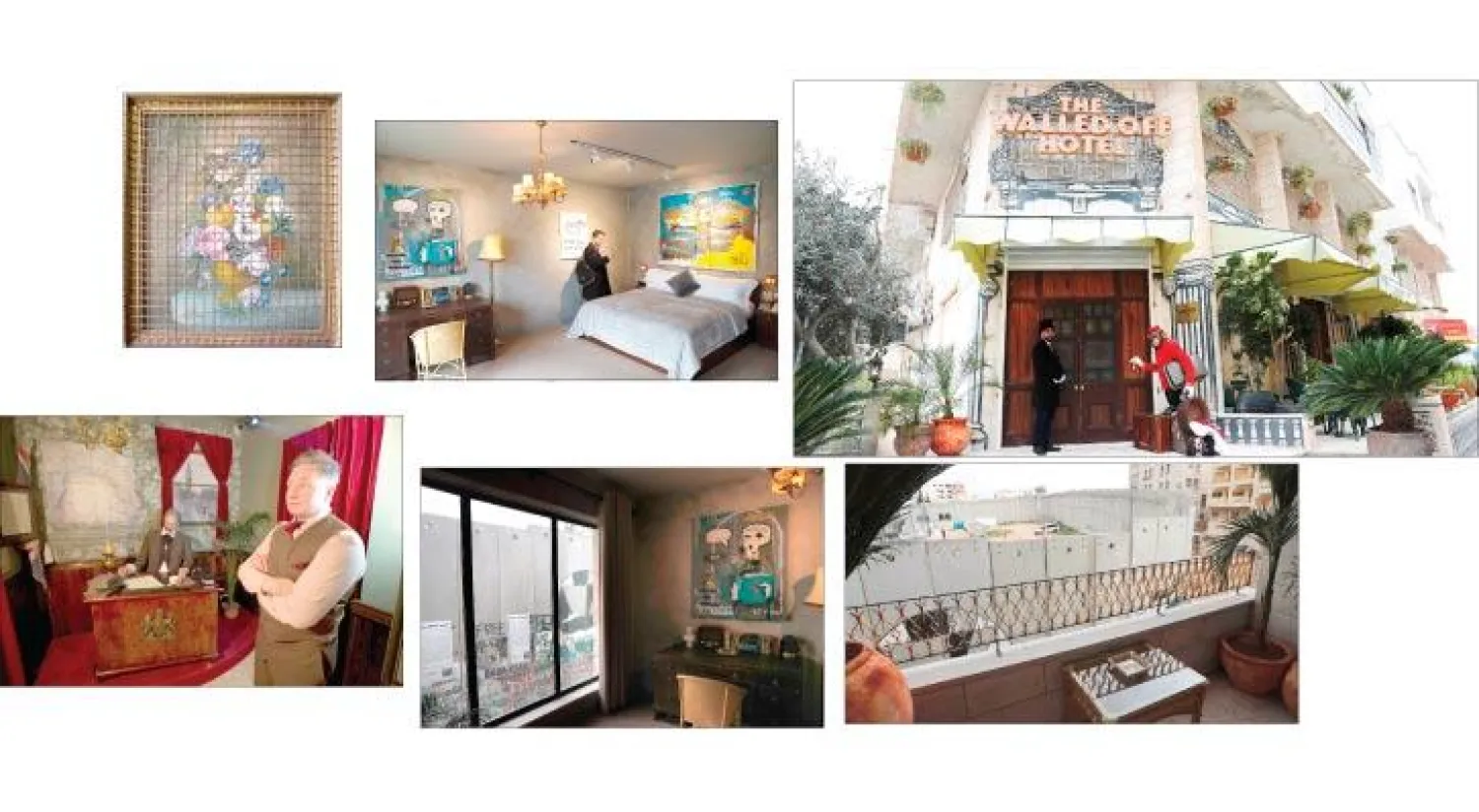 واجهة فندق «والد أوف» الذي افتتحه فنان الغرافيتي بانكسي في مدينة بيت لحم أمس (أ.ب)  -  إحدى غرف الفندق (أ.ف.ب) - لوحة لبانكسي لمزهرية مغطاة بشبك حديدي تزين الحائط في فندق «والد أوف» ببيت لحم (أ.ب) - الجدار «أسوأ منظر في العالم» كما يبدو من إحدى شرفات الفندق (أ.ف.ب) - إطلالة من نافذة إحدى الغرف على الجدار (أ.ف.ب) - عمل فني في الفندق يصور بلفور وهو يوقع وعده الشهير الذي قرر إقامة وطن قومي لليهود في فلسطين (أ.ب)