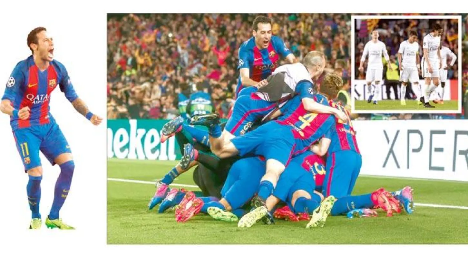 الإحباط على ملامح لاعبي سان جيرمان (أ.ف.ب) - لاعبو برشلونة يحتفلون بجنون بهدف روبرتو الحاسم الذي جلب لهم الانتصار التاريخي (إ.ب.أ) - نيمار بطل المباراة (أ.ف.ب)