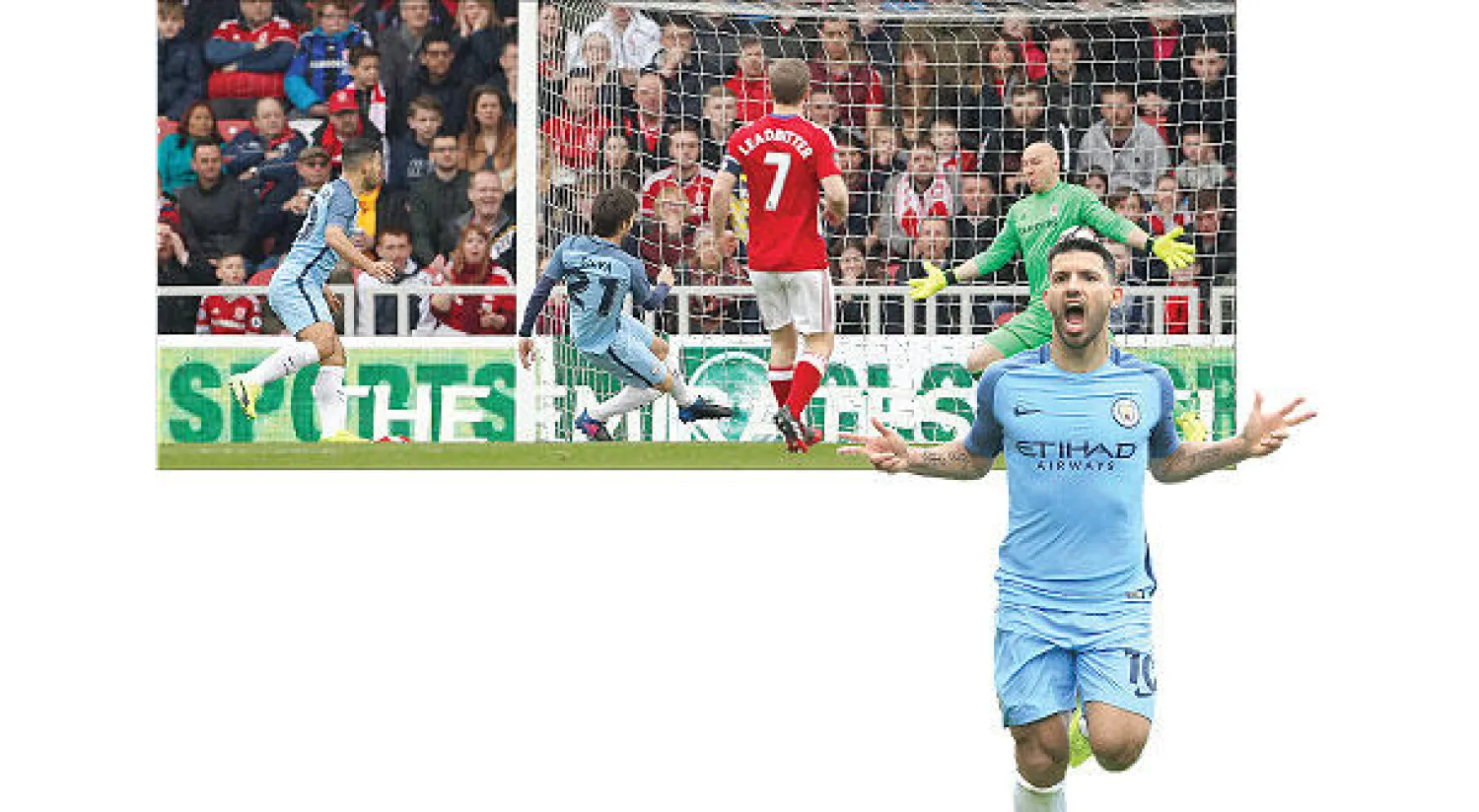 أغويرو بعد إحرازه هدف سيتي الثاني  - ديفيد سيلفا (21) يضع مانشستر سيتي في المقدمة (رويترز) (أ.ف.ب)