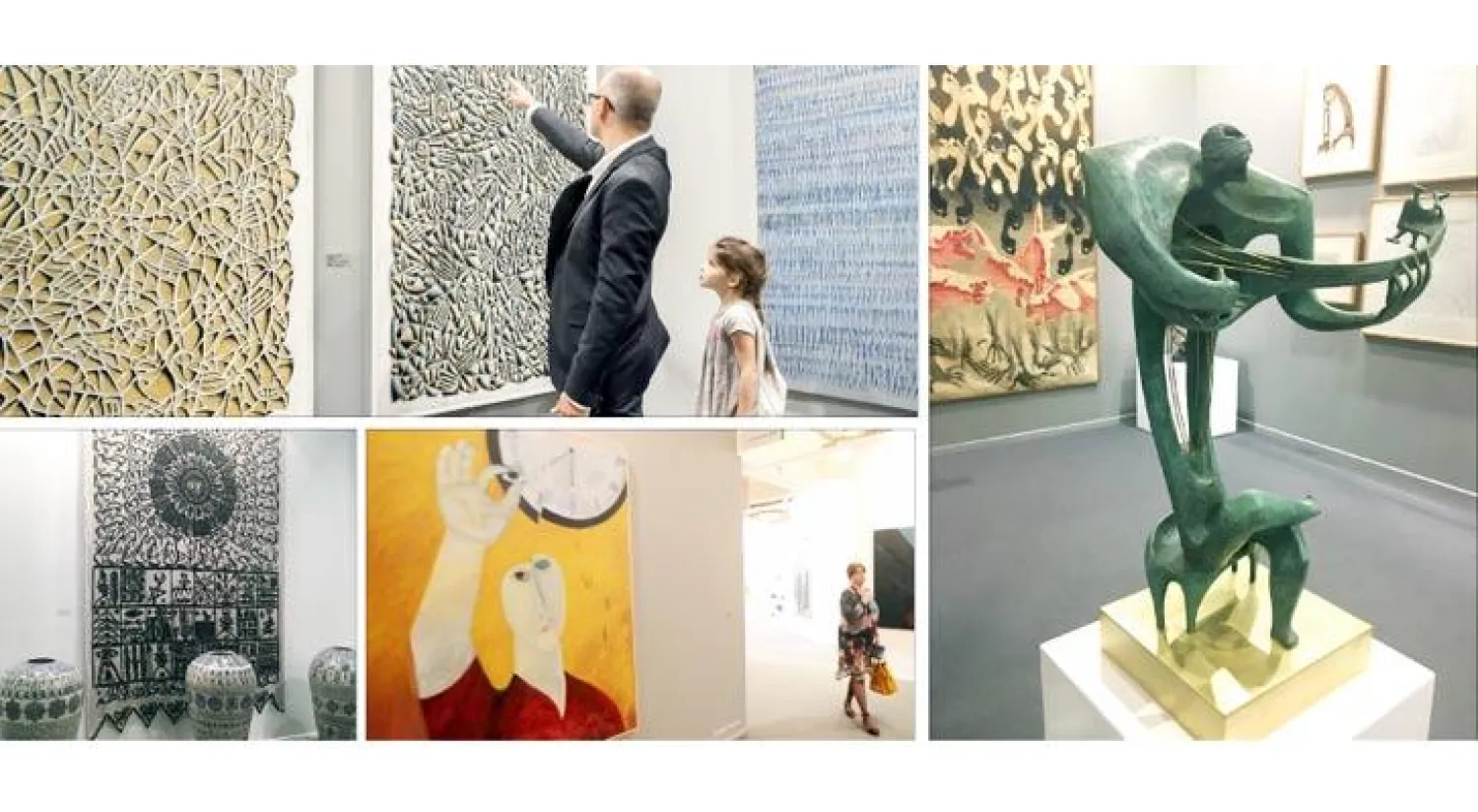 زائر يتفحص عملاً فنياً في «آرت دبي» - عازف العود للفنان عبد الهادي الوشاحي (حافظ غاليري) - عمل للفنان المصري أحمد مرسي (أ.ف.ب) - «الأساتذة المجهولون» للفنان رشيد قريشي (آيكون غاليري)