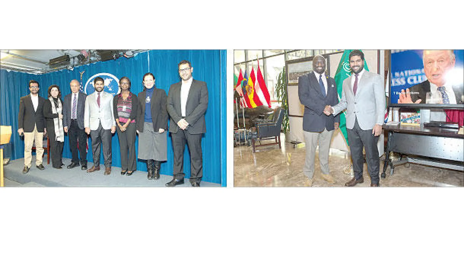 الأمير بدر مع جيفري بالو رئيس نادي الصحافة الوطنية... ومع الفريق الصحافي لمكتب «الشرق الأوسط»  ومسؤولتين من مركز الصحافيين الأجانب ويبدو الأستاذ عبد الرحمن الراشد