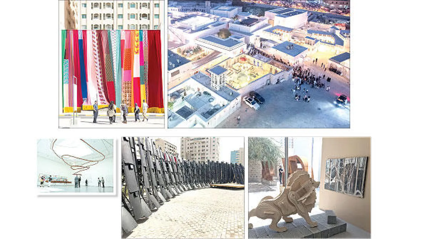 ساحة المريجة وبيوتها التراثية - نص أوبرالي: تصميم ستار في ضوء الشمس المشرقة مليء بالحب لجو نعمة - أحد أعمال الفنان خليل رباح - في ساحة الفنون «الجماعية» للثنائي رين وو وإيريك تشين - «بيروانة» نقود من صدف للفنانة تالوي هافيني