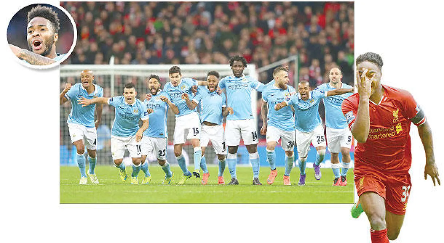 ستيرلينغ  تربى بين جدران ليفربول وهو في الرابعة عشرة  من عمره - ستيرلينغ (وسط) يحتفل مع فريق مانشستر سيتي بحصد كأس رابطة الأندية المحترفة بعد الفوز على ليفربول - ستيرلينغ حقق ذاته  في مانشستر سيتي