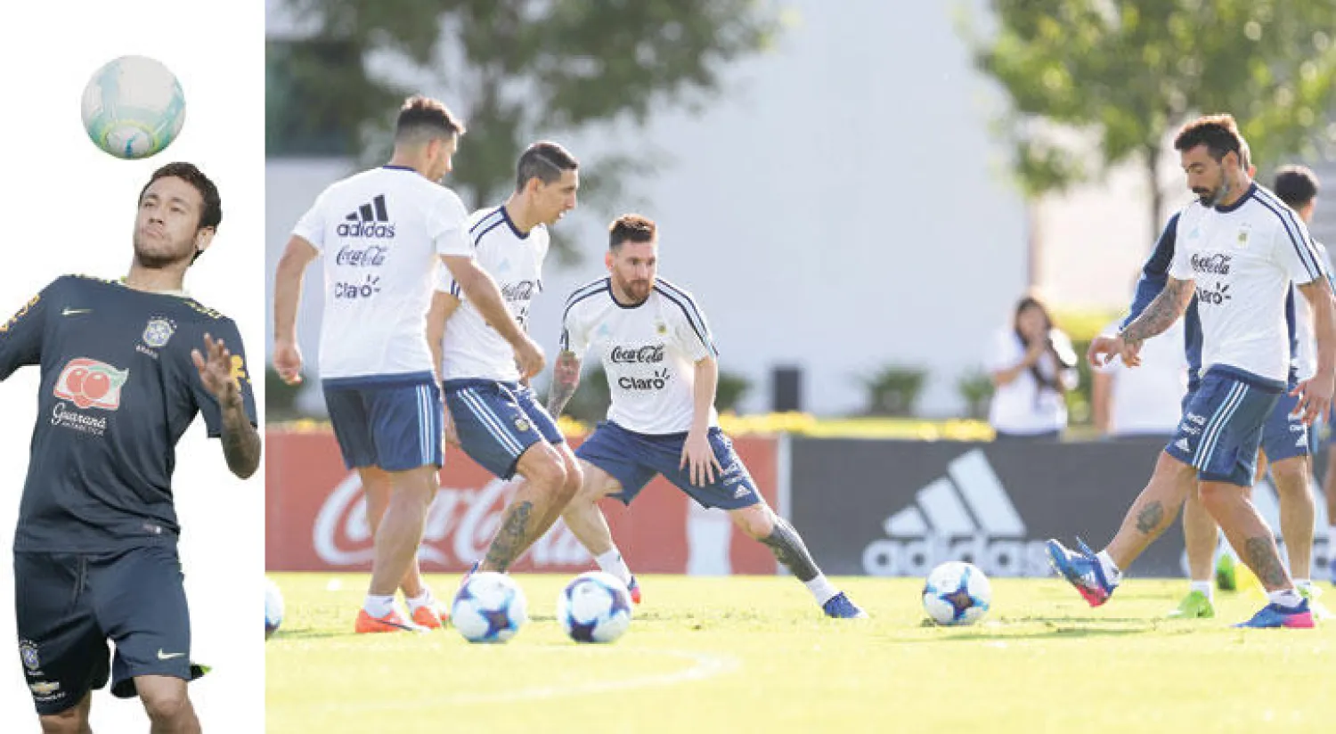 لاعبو الأرجنتين لافيتزي وميسي وأغويرو ودي ماريا خلال التدريبات استعداداً لمواجهة تشيلي (أ.ب)  -  نيمار نجم البرازيل يستعرض بالكرة قبل مواجهة أوروغواي (أ.ب)