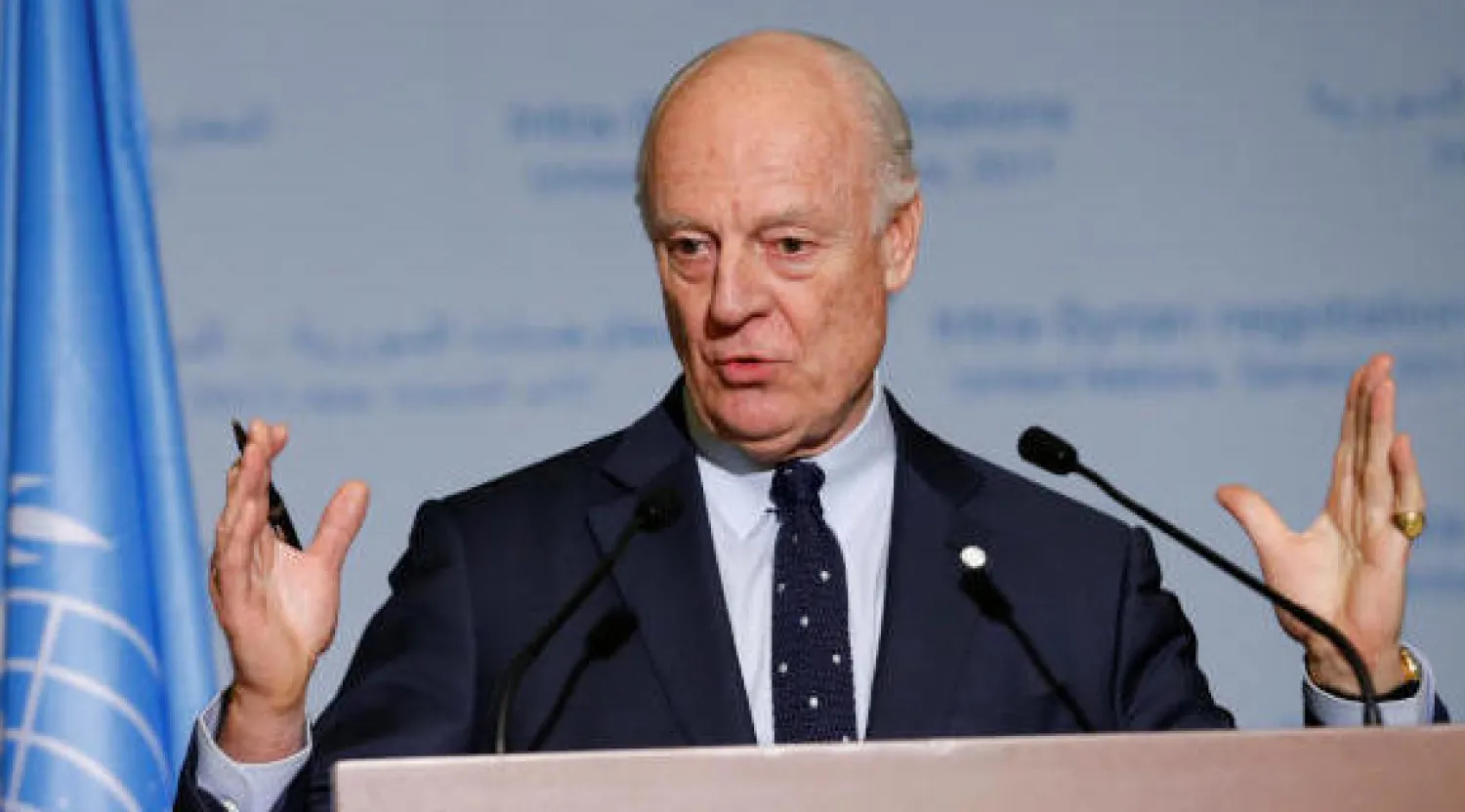 ستيفان دي ميستورا خلال مؤتمر صحافي عقده اليوم في جنيف (رويترز)