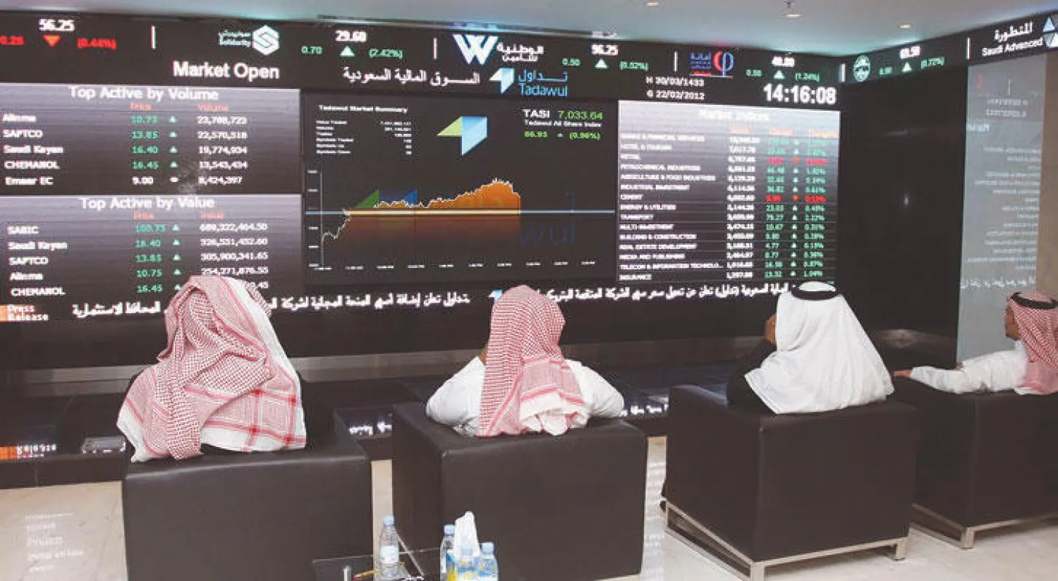مستثمرون يتابعون حركة الأسهم السعودية على شاشة للبورصة («الشرق الأوسط»)