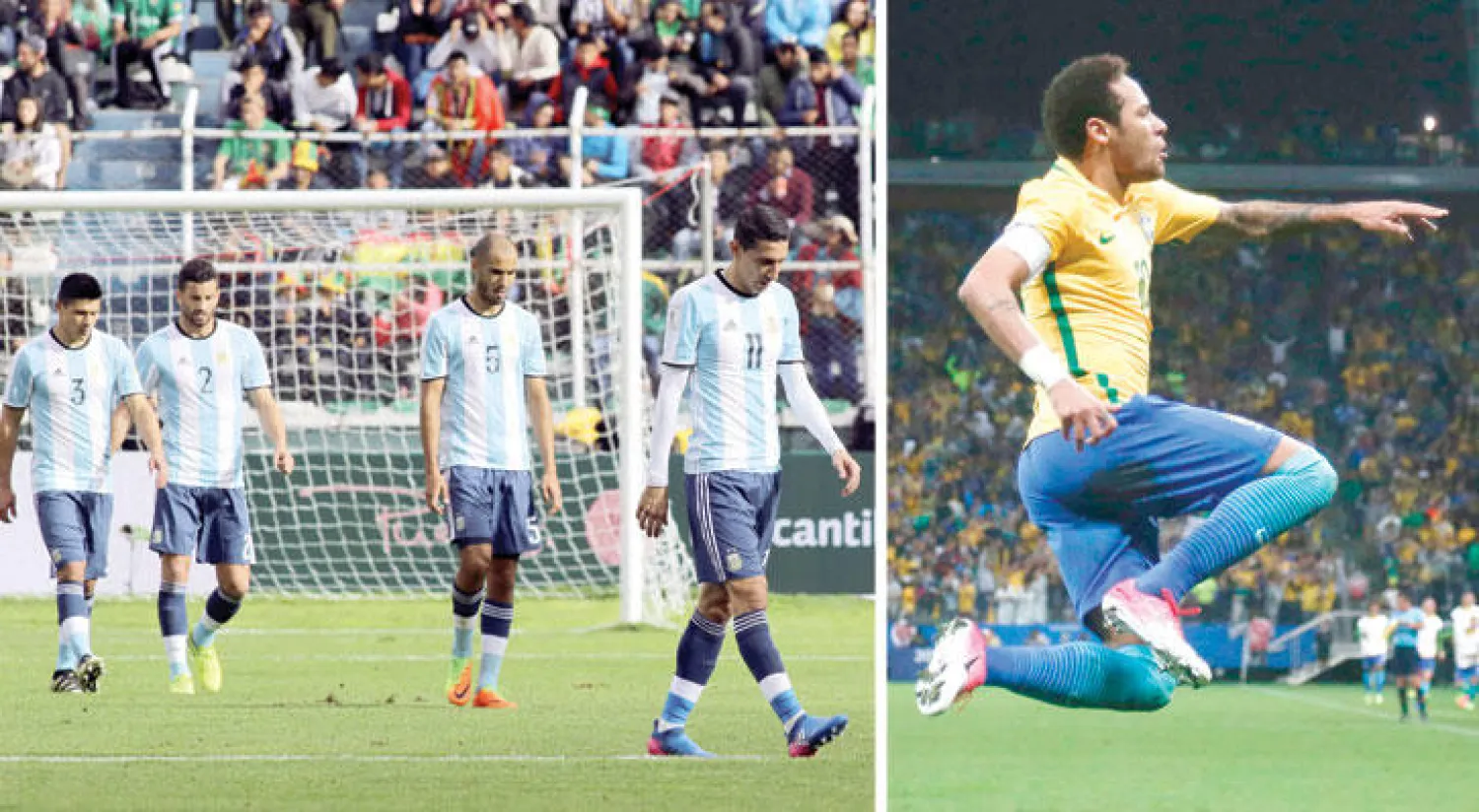 نيمار يحتفل بهدفه وقيادة البرازيل للفوز على الباراغواي وقطف أول بطاقة للمونديال (أ.ف.ب)  -  لاعبو الأرجنتين منكسرين بعد الهزيمة أمام بوليفيا (رويترز)