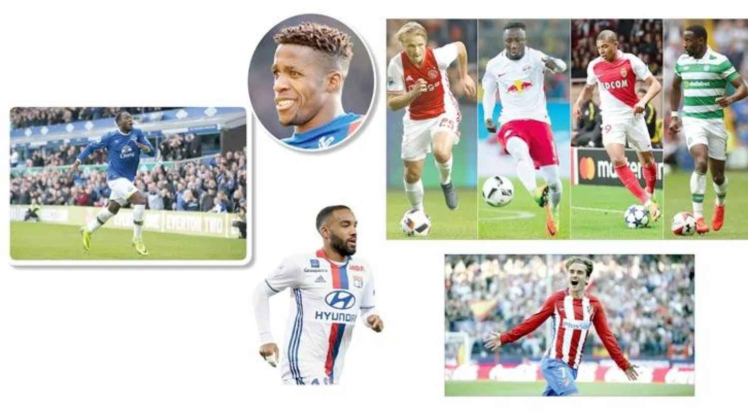 من اليمين إلى اليسار موسى ديمبلي وكيليان مبابي ونبي كيتا وكاسبر دولبيرغ - ويلفريد زاها («الشرق الأوسط») - روميلو لوكاكو («الشرق الأوسط») - أنطوان غريزمان («الشرق الأوسط») - ألكسندر لاكازيت («الشرق الأوسط»)