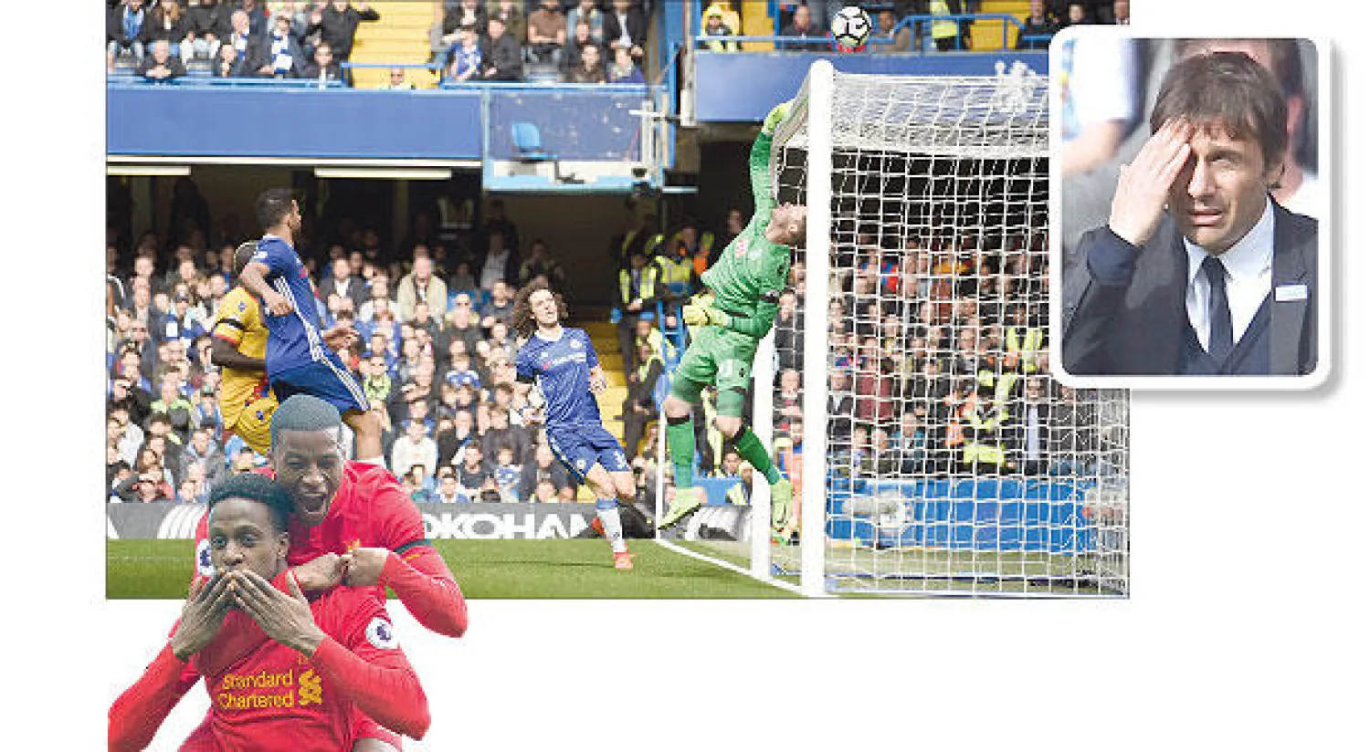 هينيسي حارس بالاس تمكن من إنقاذ سلسلة من الفرص الخطيرة ليمنع تشيلسي  من إدراك التعادل (رويترز)... وفي الإطار الهزيمة على ملامح كونتي مدرب تشيلسي (أ.ف.ب) - أوريغي (يسار) يحتفل مع غريغيون بتسجيل هدف الاطمئنان لليفربول (إ.ب.أ)