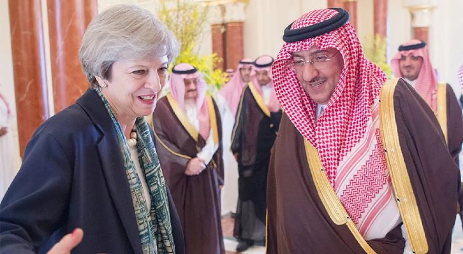 ولي العهد السعودي خلال استقباله رئيسة وزراء بريطانيا (واس)