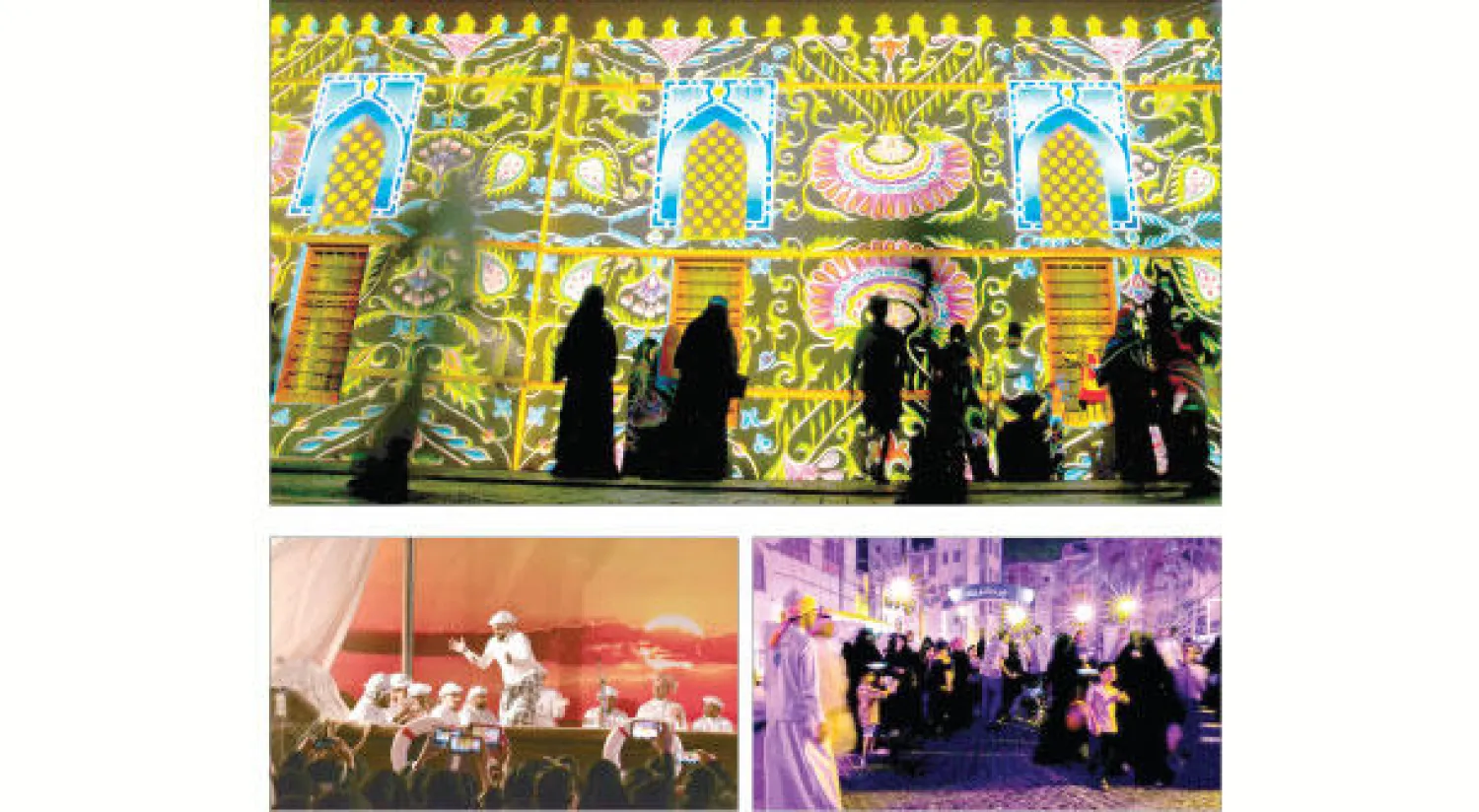 عرض بالضوء في منطقة جدة التاريخية ضمن فعاليات مهرجان «أتاريك» التراثي (أ.ب) - شهد المهرجان إقبالا كبيرا من العائلات والزوار - من الفعاليات الفلكلورية والأمسيات التي تقام داخل المهرجان تحت عنوان «مرفأ أتاريك» (واس)