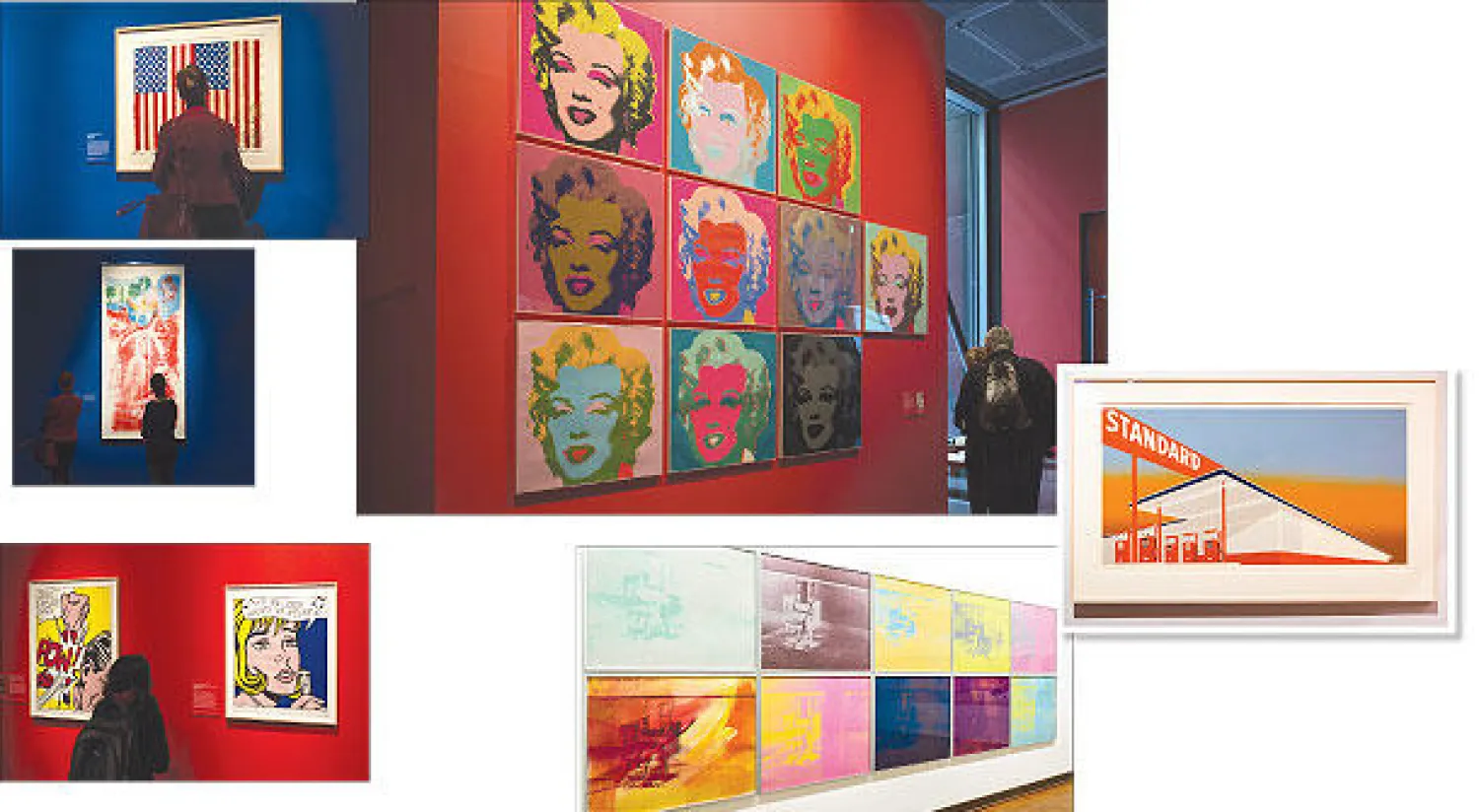 محطة بنزين لإيد روشا (1966) التي تمثل الاستهلاكية والاتساق المجتمعي - مارلين مونرو بالألوان لوارهول (1967) على أحد جدران المعرض القرمزية - 10 مطبوعات ملونة للكرسي الكهربائي من أعمال آندي وارهول (1971) (تصوير: جيمس حنا)
