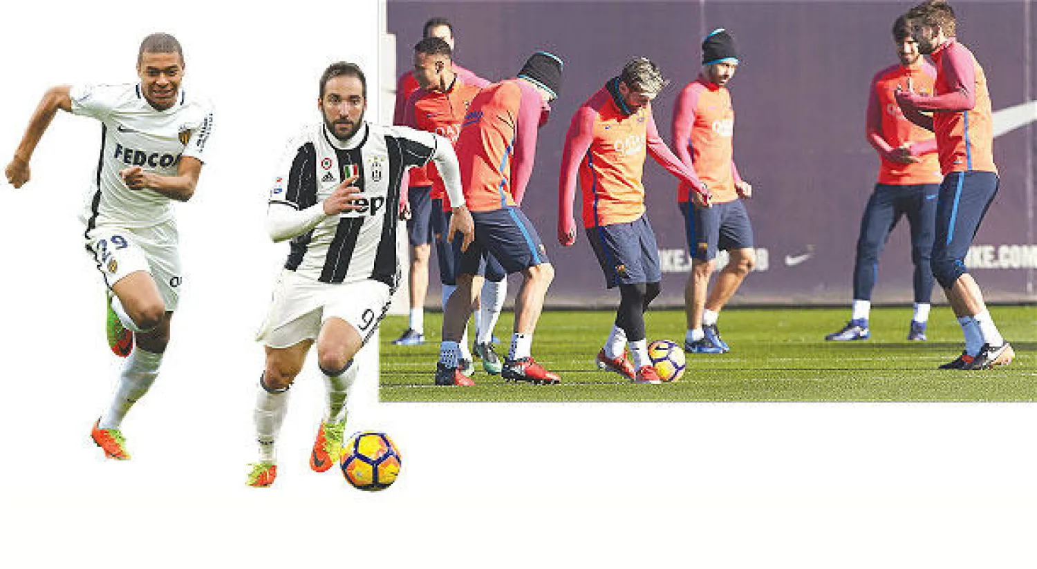 لاعبو برشلونة  تناسوا الهزيمة أمام ملقة وعادوا للتدريبات استعداداً لمواجهة يوفنتوس (إ.ب.أ) - يوفنتوس يضع آماله  على هدافه هيغواين (أ.ف.ب) - مبابي نجم موناكو الشاب (رويترز)