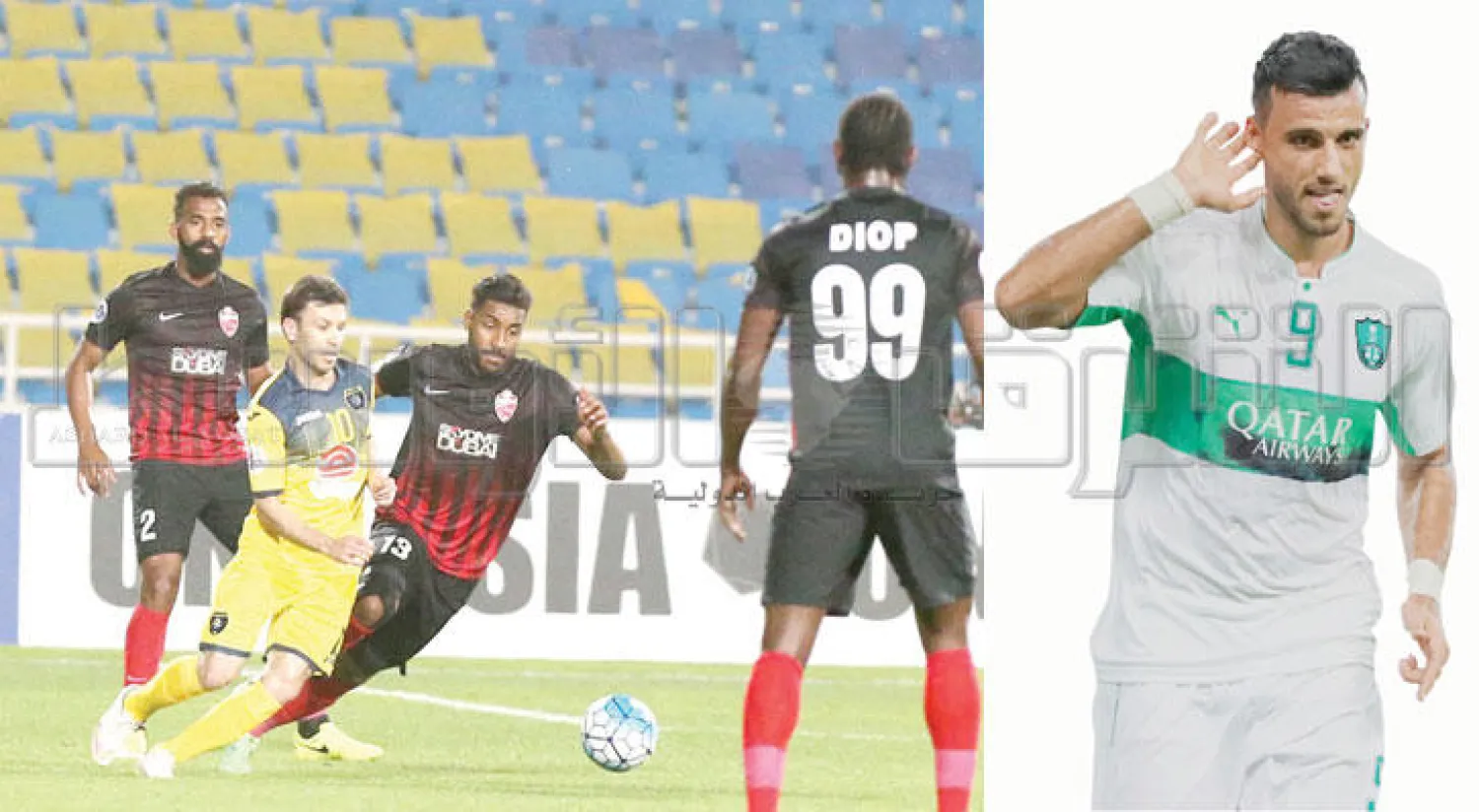 عمر السومة يحتفل بهدفه في شباك العين الإماراتي أمس (تصوير: علي العريفي)   -  جانب من مواجهة التعاون السعودي والأهلي الإماراتي (تصوير: سعد العنزي)