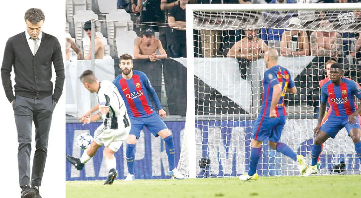 ديبالا نجم يوفنتوس يسدد نحو مرمى برشلونة ليسجل هدفه الثاني (أ.ب)  -  إنريكي مدرب برشلونة يبدو منكسراً بعد الهزيمة (إ.ب.أ)
