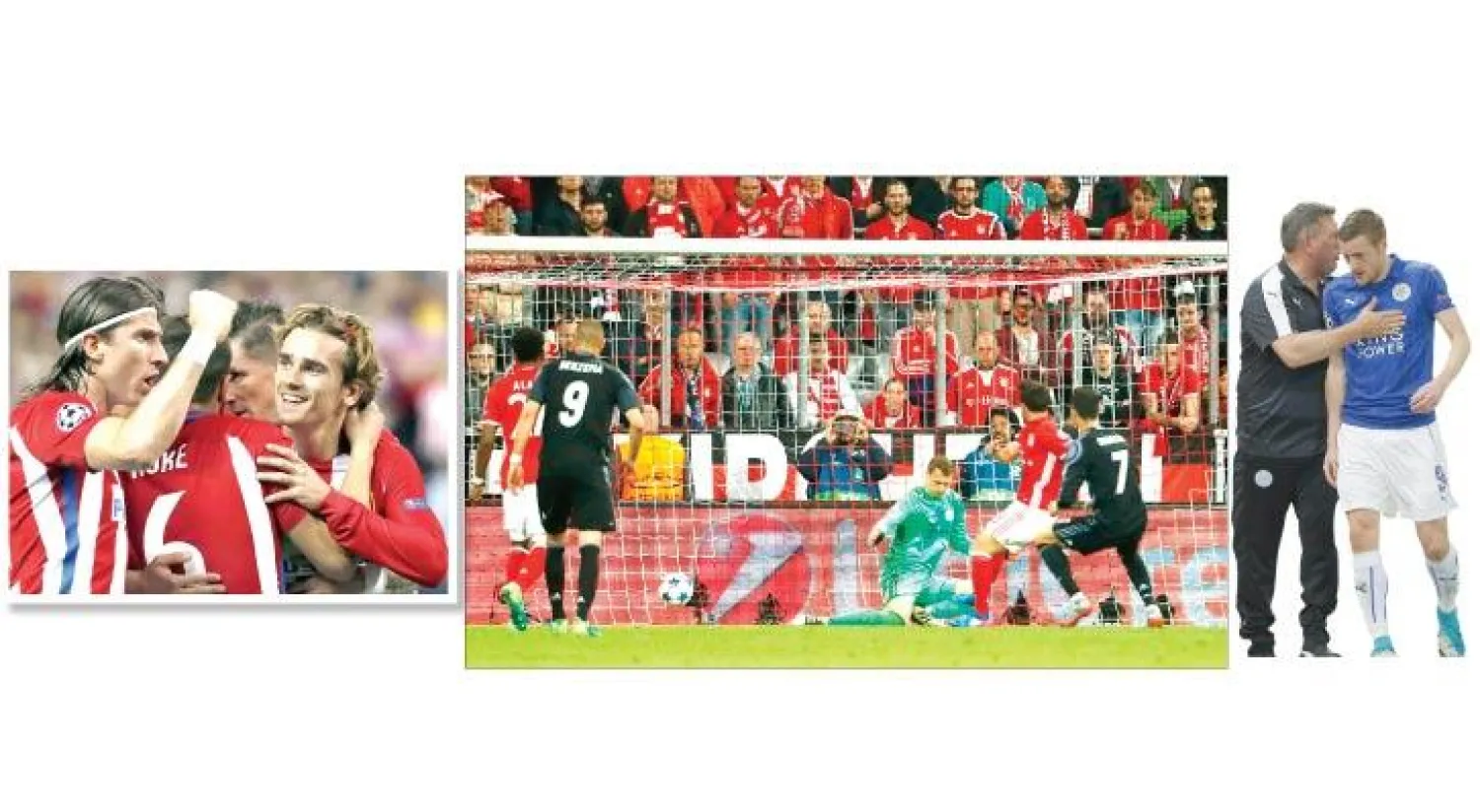 فاردي ومدربه شكسبير راضيان عن أداء ليستر (أ.ب) - رونالدو (رقم 7) يحرز هدف فوز ريـال مدريد (أ.ف.ب) - غريزمان يحتفل مع زملائه بهدف فوز فريقه (إ.ب.أ)