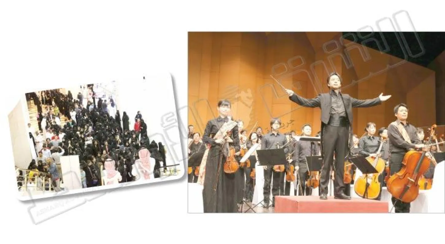 قائد الفرقة الموسيقية وعلى يمينه أماسيكي يوميكو رئيسة الفرقة (تصوير: بشير صالح) - توافد الحضور في وقت مبكر إلى المهرجان الثقافي الياباني بالرياض