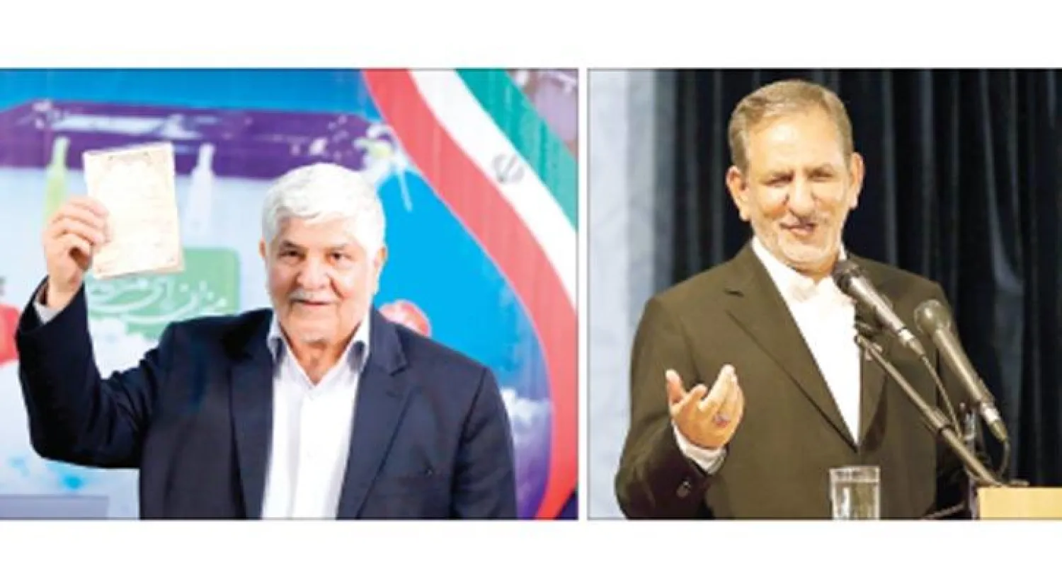 نائب الرئيس الإيراني إسحاق جهانغيري يتحدث إلى الصحافيين بعد لحظات من تقديم طلب الترشح للانتخابات الرئاسية أمس  (أ.ف.ب) -  محمد هاشمي شقيق علي أكبر هاشمي رفسنجاني لدى تقديمه أوراق الترشح للانتخابات الرئاسية في وزارة الداخلية الإيرانية أمس (أ.ف.ب)