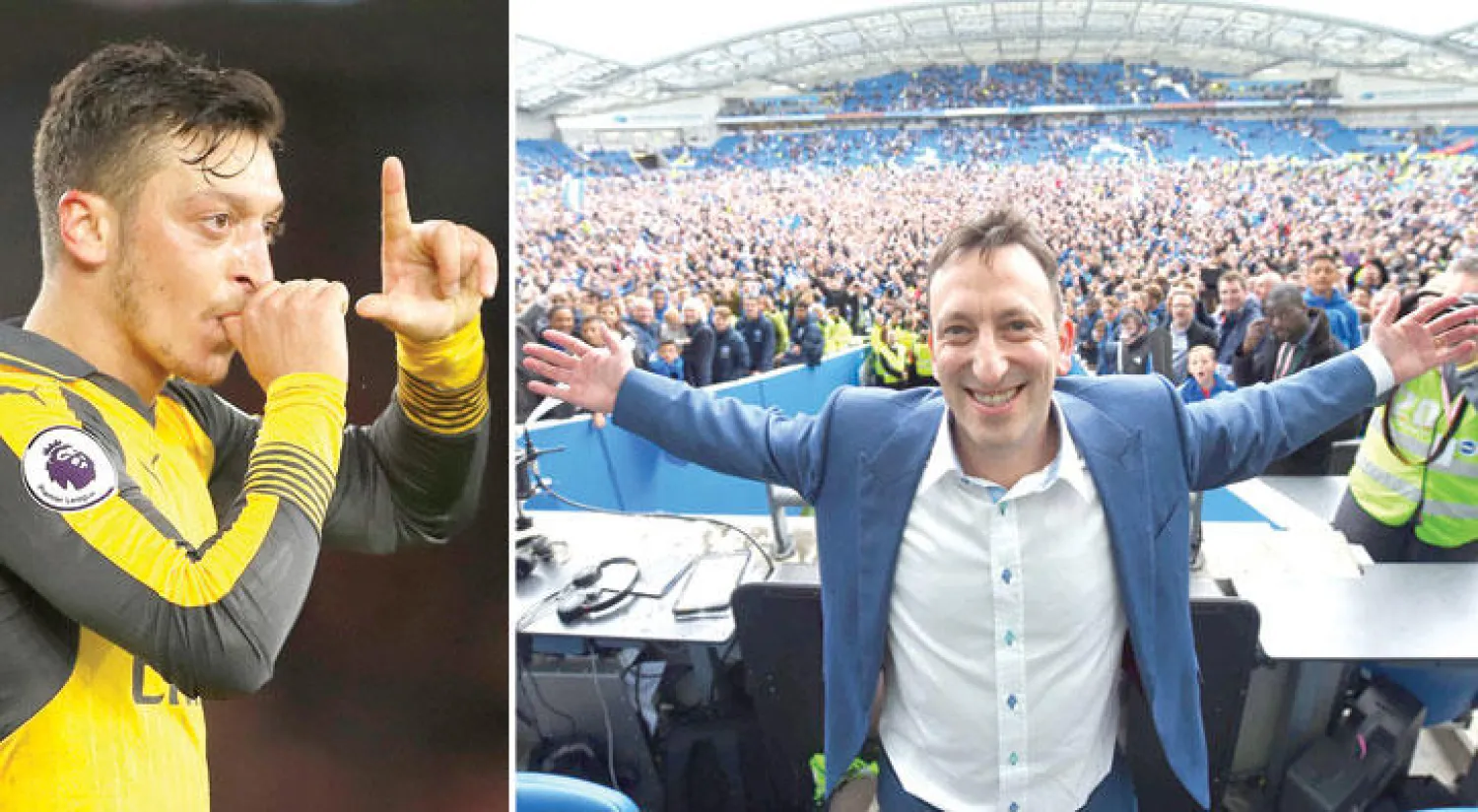 بلوم رئيس «برايتون» يشارك جماهير فريقه التي اقتحمت أرض الملعب للاحتفال بالصعود للدوري الممتاز (غيتي)  -  أوزيل يحتفل بهدفه الذي قاد آرسنال للفوز (رويترز)