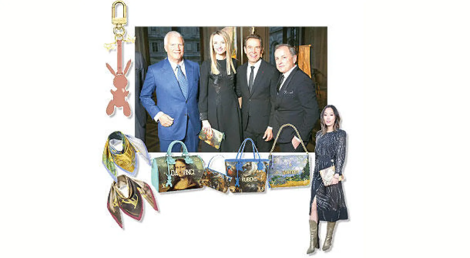 إيمي سونغ خلال حفل إطلاق المجموعة في باريس - لاري غاغوسيان وجيف كونز ومايكل بيرك الرئيس التنفيذي لـ«لويس فويتون» وديلفين أرنو التي كانت وراء إقناع الفنان خوض هذه التجربة - حقيبة «سبيدي ولوحة الموناليزا»  من دافنشي - حاملة مفاتيح يتدلى منها أرنب وهو شكل يرتبط بأعمال الفنان جيف كونز - شملت المجموعة أيضاً إيشاربات في غاية الأناقة والفنية