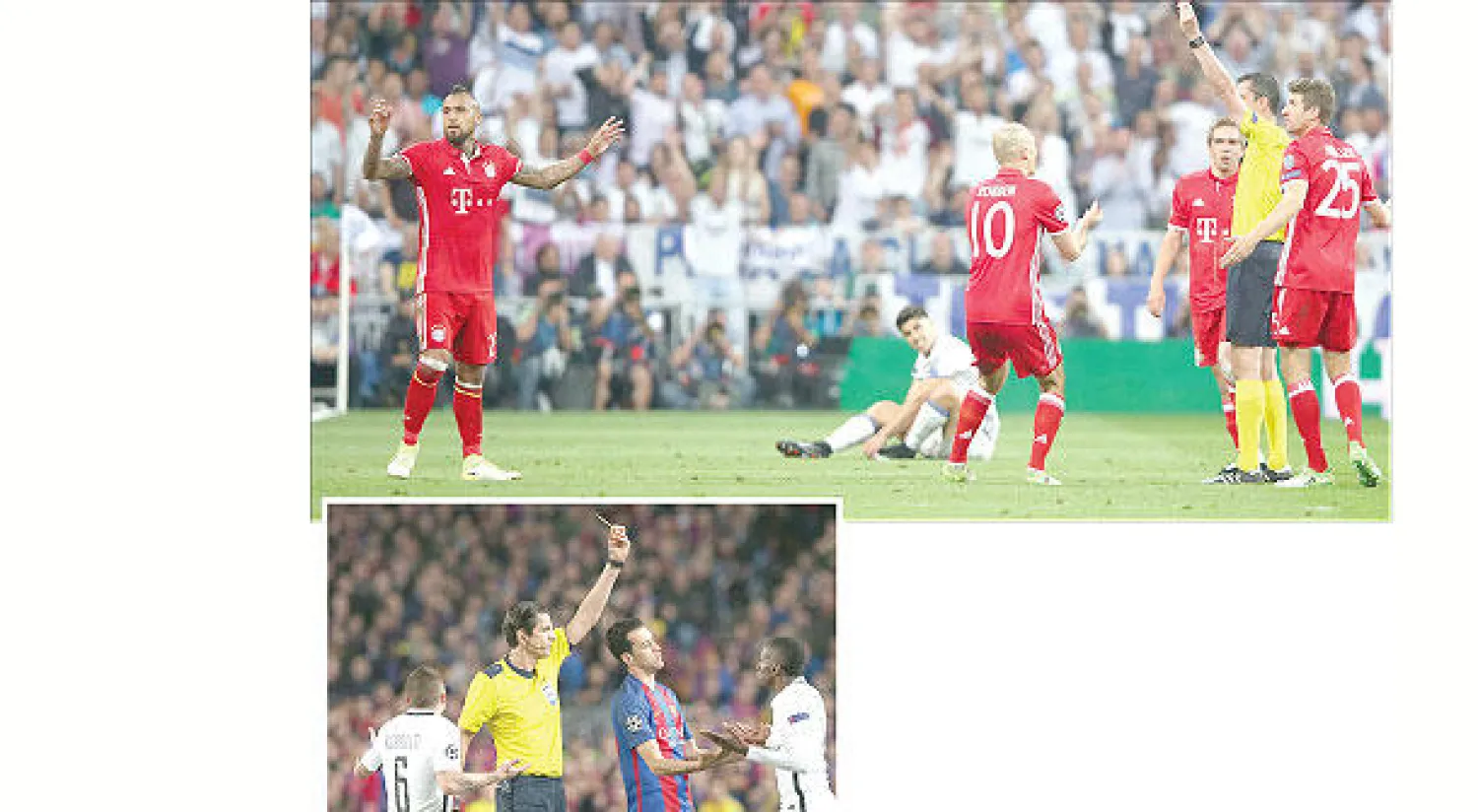 حكم مباراة ريال مدريد وبايرن ميونيخ ارتكب خطأ باشهار البطاقة الحمراء لفيدال - ايتيكن حكم مباراة برشلونة وباريس سان جيرمان ارتكب العديد من الأخطاء (رويترز)