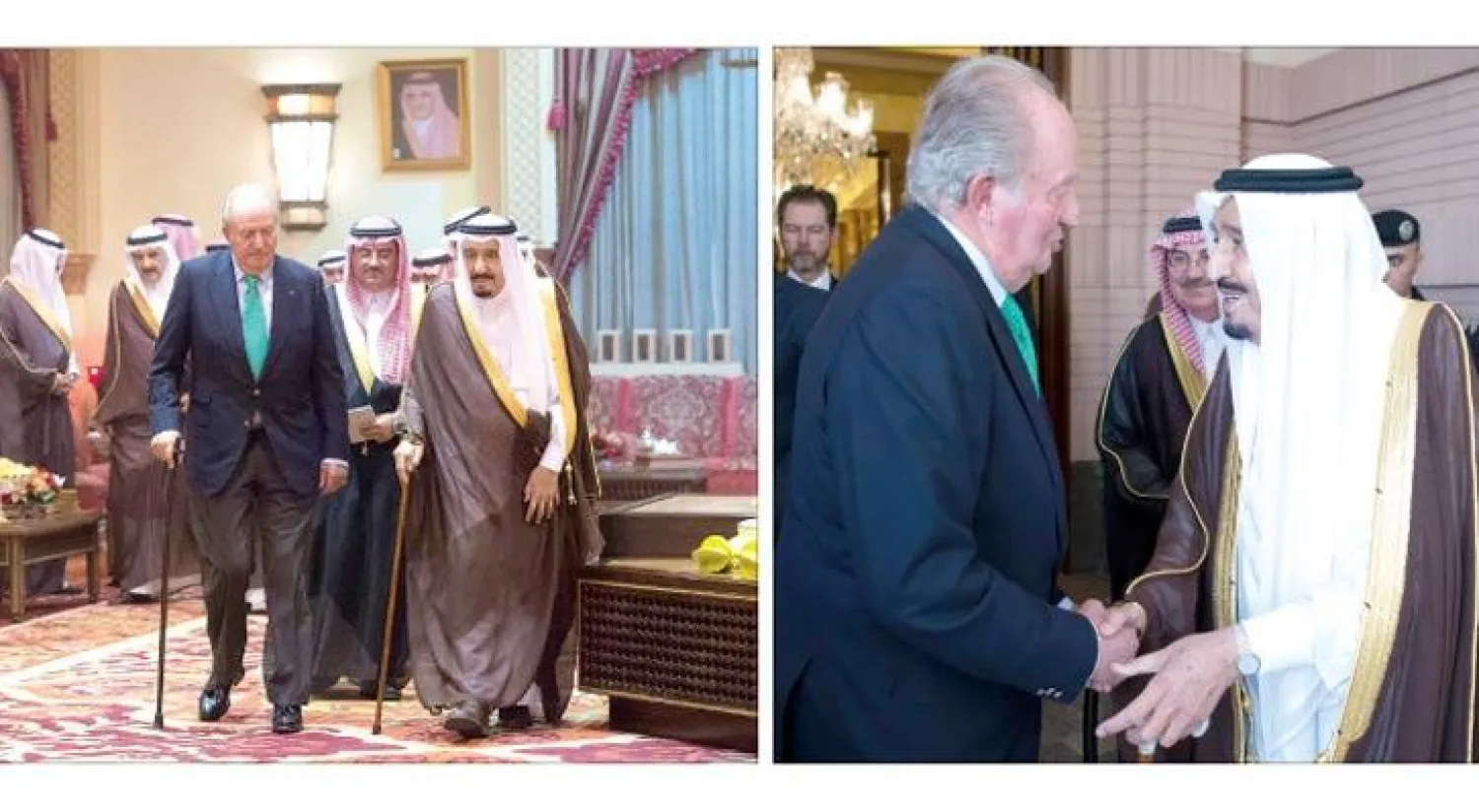 خادم الحرمين الشريفين الملك سلمان بن عبد العزيز مرحباً بضيفه عاهل إسبانيا السابق خوان كارلوس (واس) - خادم الحرمين الشريفين وخوان كارلوس في قاعة الاستقبال الرئيسية حيث أقيم حفل استقبال لملك إسبانيا السابق (واس)