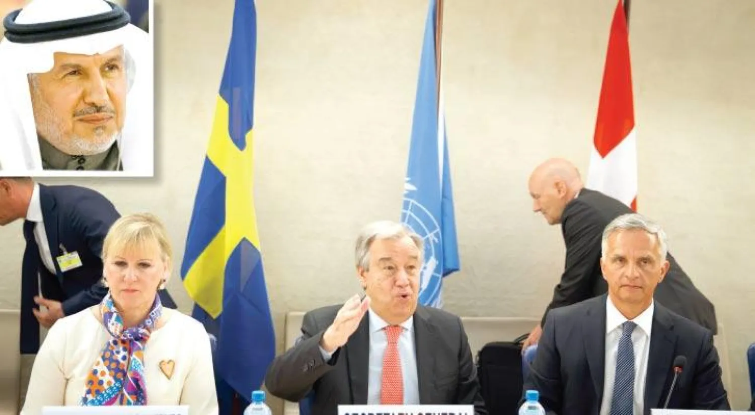 غوتيريش لدى افتتاح مؤتمر المانحين لليمن في جنيف أمس (أ.ب) - عبد الله الربيعة لدى مشاركته في المؤتمر (رويترز)