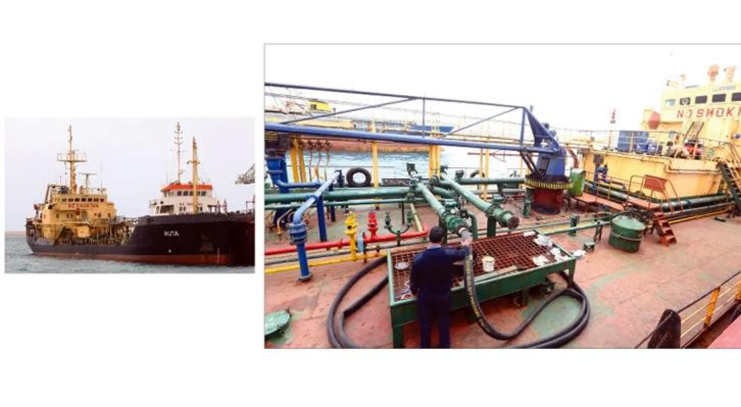 ناقلة نفط أوكرانية ترفع علم بلادها في ميناء طرابلس بعد إطلاق سراحها حيث كانت تحت سيطرة البحرية الليبية في المدينة الساحلية زوارة (أ.ف.ب)