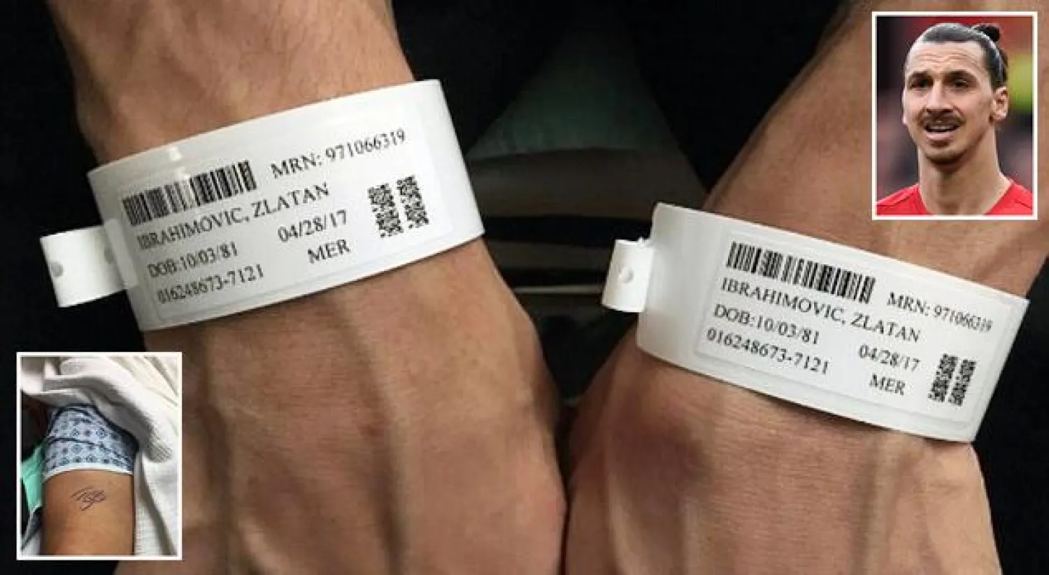 صورة لإبراهيموفيتش تظهر ضمادتين طبيتين بيضاوين حول معصميه (إنستغرام)