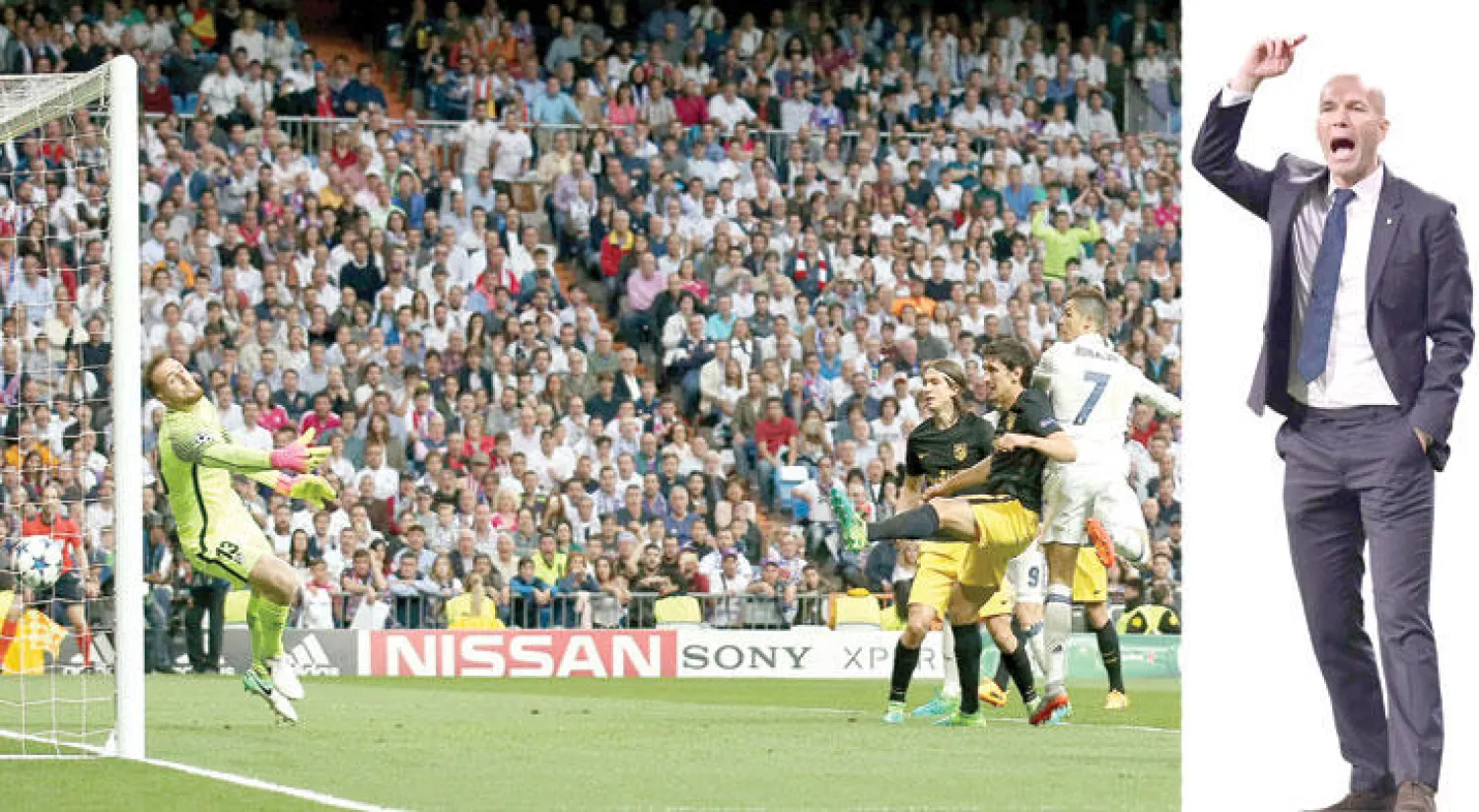 زيدان اقترب من تحقيق حلم الاحتفاظ بلقب دوري الأبطال (أ.ف.ب)  -  رونالدو نجم الريـال (رقم 7) يفتتح أهدافه برأسية في مرمى أتلتيكو (رويترز)