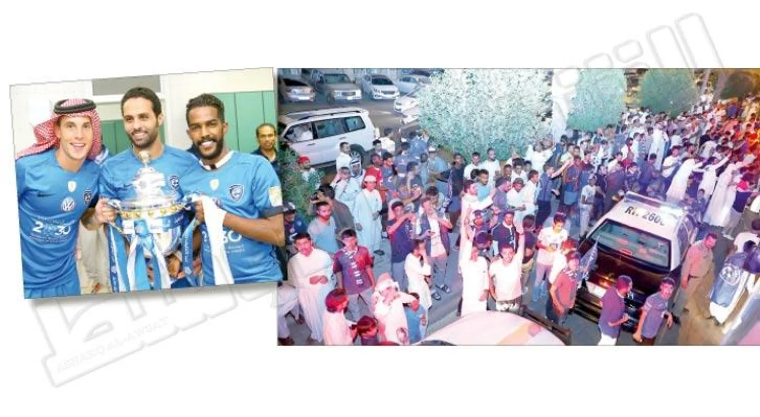 جماهير هلالية احتشدت لاستقبال فريقها في طريقه إلى مقر النادي (تصوير: بدر الحمد) - العابد والقحطاني وميليسي مع الكأس بعد المباراة (المركز الإعلامي بنادي الهلال)