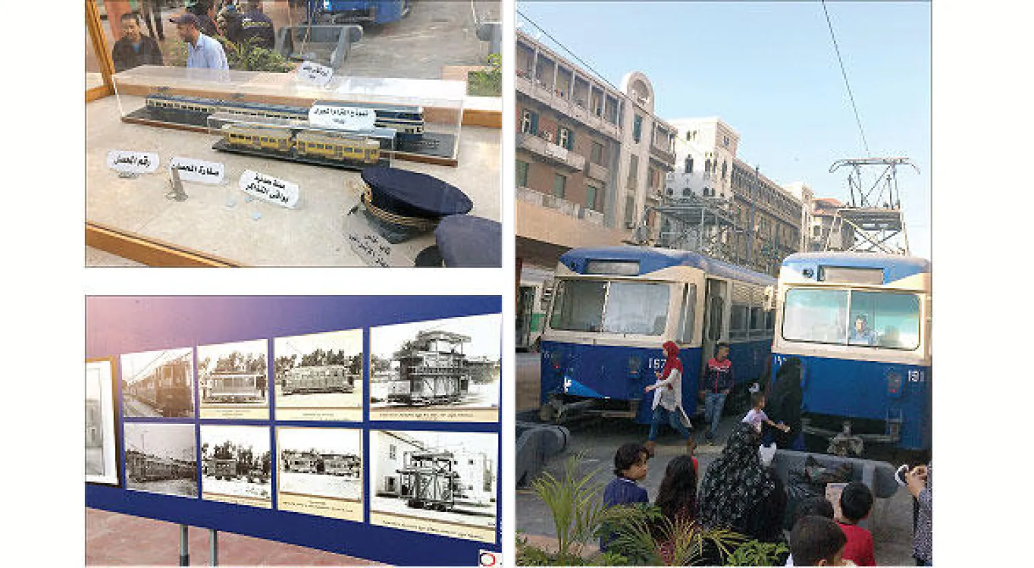 الكبار والصغار يلتقطون الصور قبل وبعد رحلاتهم بالترام التي تجوب المدينة - معرض دائم في محطة الرمل التي شهدت انطلاق أول رحلة لترام المدينة عام 1897