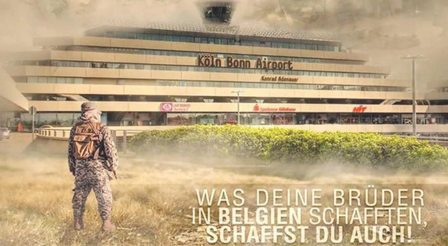 مواقع تابعة لـ«داعش» عممت صوراً مركبة لمطار كولون - بون وهو يحترق. وكتبوا تحتها «أصدقاؤك في بلجيكا نجحوا في ذلك، لماذا لا تنجح أنت؟!» («الشرق الأوسط»)