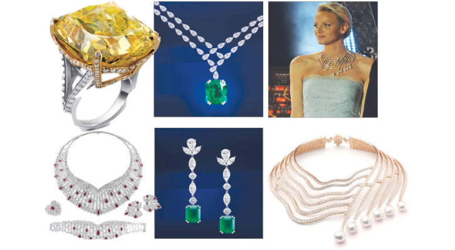 العقد الذي صممته دار «طباع» لأميرة موناكو تشارلين   -  قلادة من الماس تتوسطها زمردة ضخمة من «سلمون»  -  خاتم مرصع بماسة صفراء من دار «معوض» -  عقد ارتدته  أميرة موناكو  وكان من «طباع»  -  قرطان من الماس والزمرد من «سلمون»  -  طقم مرصع بالماس والياقوت من دار «معوض»