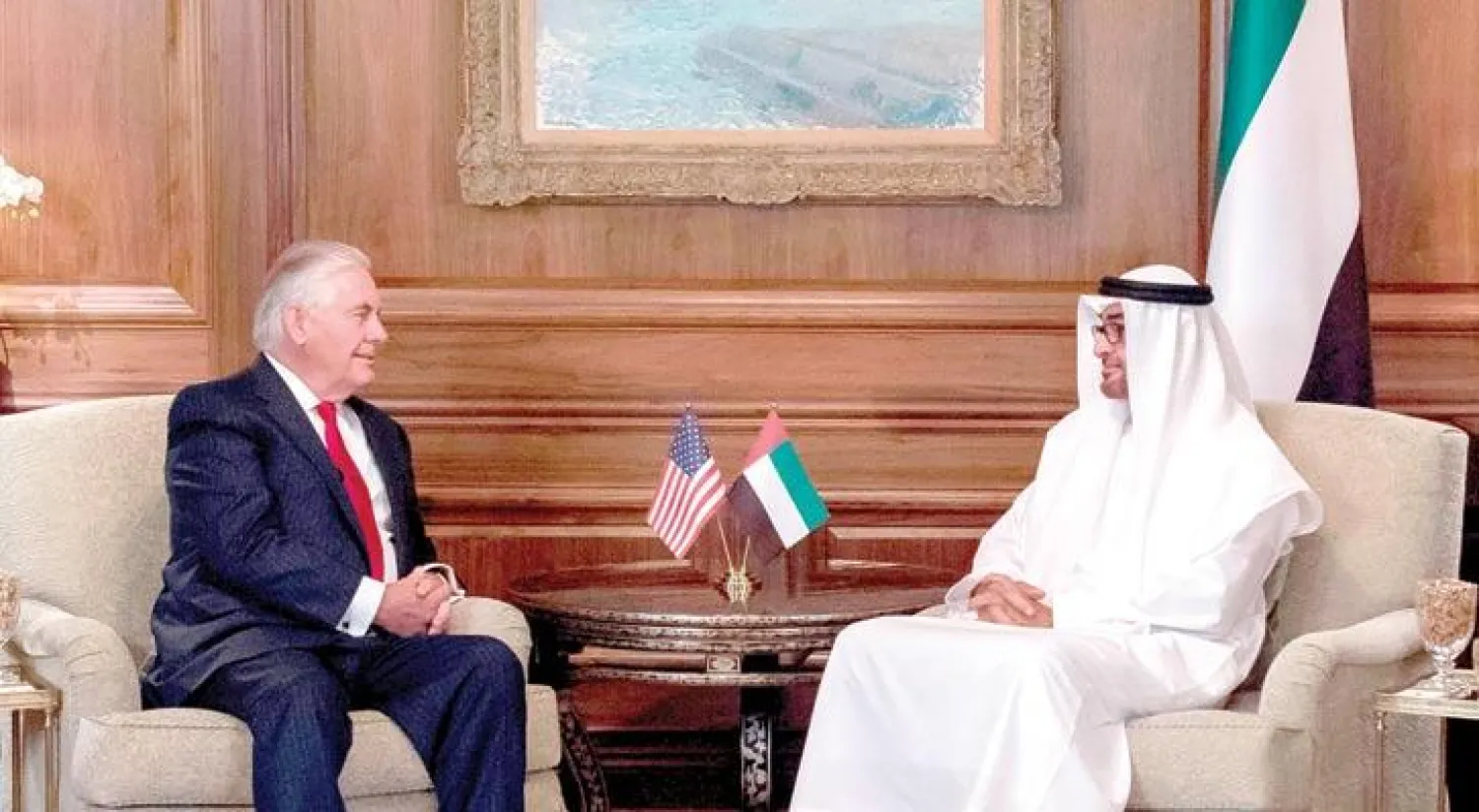 الشيخ محمد بن زايد خلال لقائه تيلرسون في واشنطن أمس (وام)