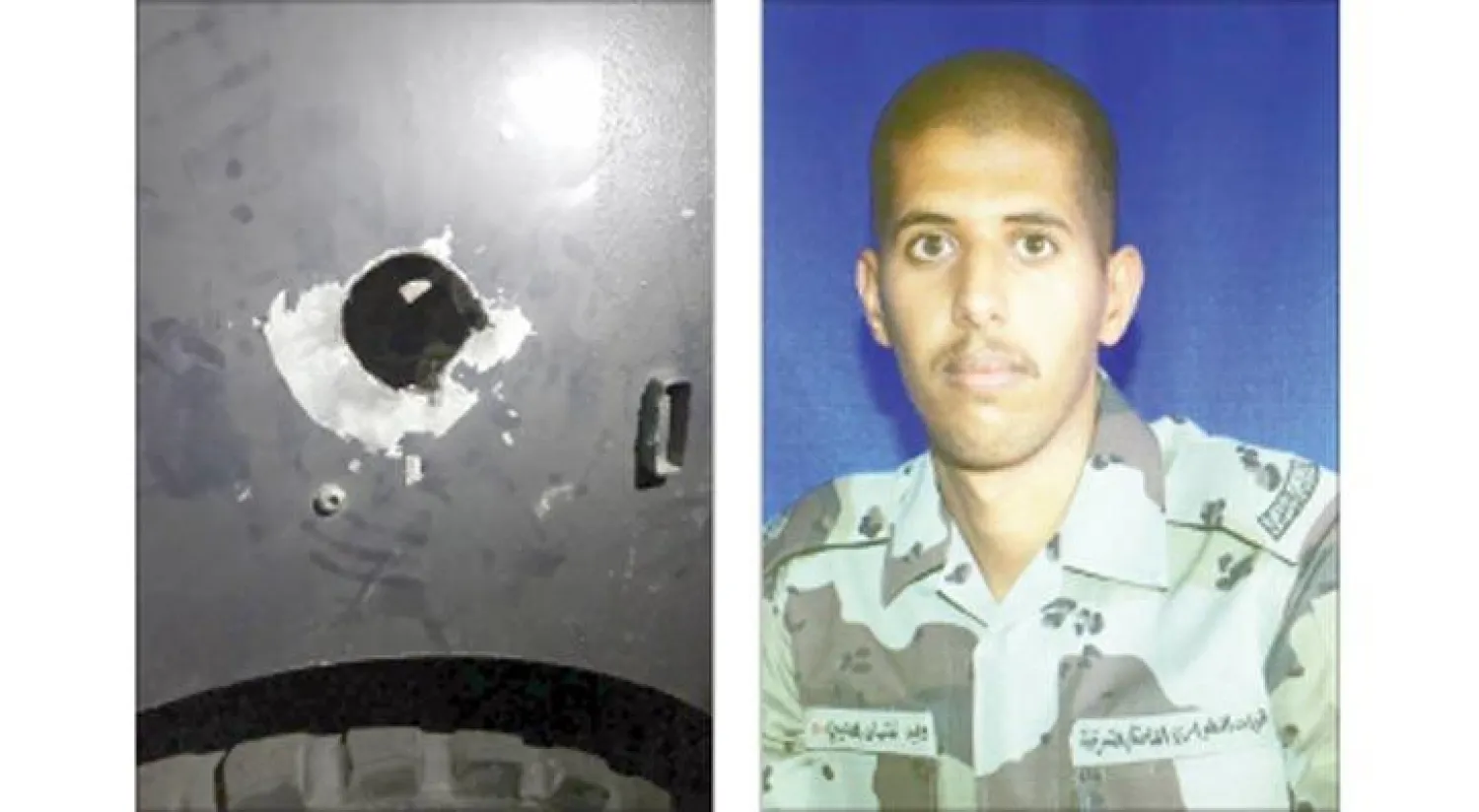 وليد غثيان ضاوي الشيباني - إحدى سيارات الأمن السعودي بعد تعرضها لإطلاق نار من الإرهابيين أمس («الشرق الأوسط»)