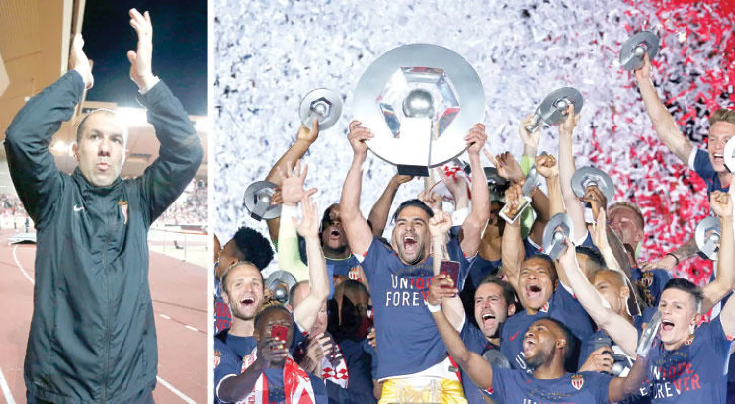 لاعبو موناكو على منصة التتويج يحتفلون بدرع الدوري الفرنسي (إ.ب.أ)  -  جارديم مدرب موناكو (إ.ب.أ)