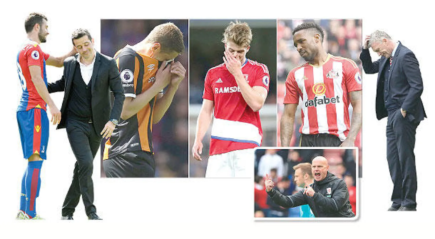 ستيف أجنو مدرب ميدلزبره (أ.ف.ب) - دموع السقوط... جيرمين ديفو مهاجم سندرلاند ومهاجم ميدلزبره باتريك بامفورد ومايكل داوسون مدافع هال سيتي - مويز مدرب سندرلاند  - ميليفويفيتش لاعب  بالاس يواسي سيلفا مدرب هال سيتي بعد هبوط الأخير (رويترز).