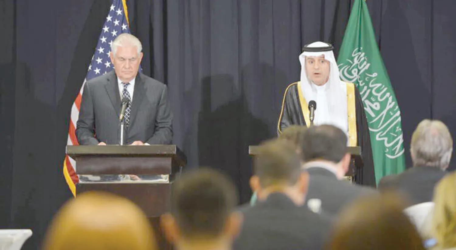 وزير الخارجية السعودي مع نظيره الأميركي في مؤتمر صحافي أمس في الرياض (واس)