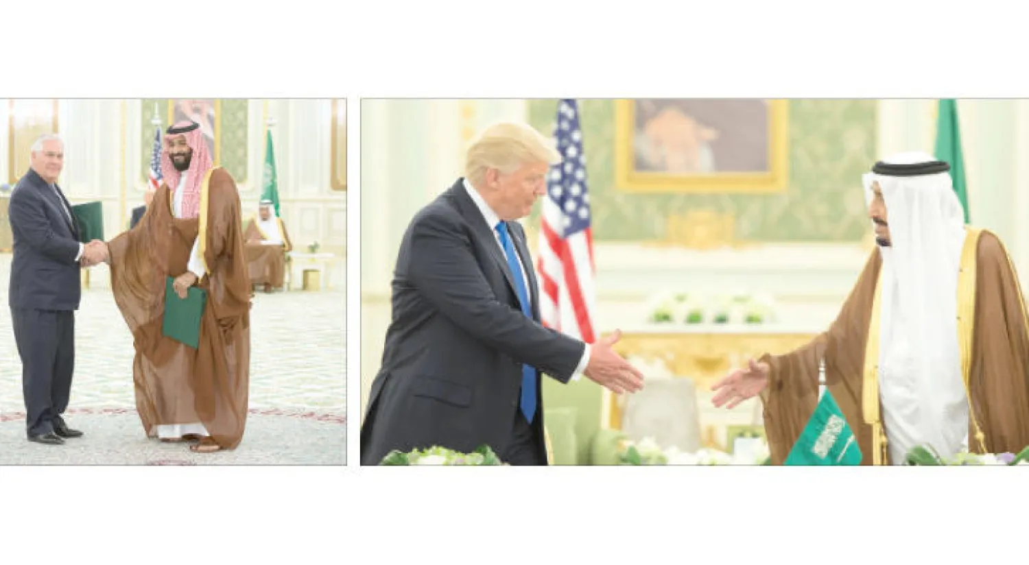 الملك سلمان يصافح الرئيس ترمب عقب توقيع اتفاقية الرؤية الاستراتيجية المشتركة... فيما الأمير محمد بن سلمان يصافح ريكس تيلرسون وزير الخارجية الأميركي عقب توقيع مذكرتي تفاهم لتحديث وتطوير القوات المسلحة السعودية (واس)