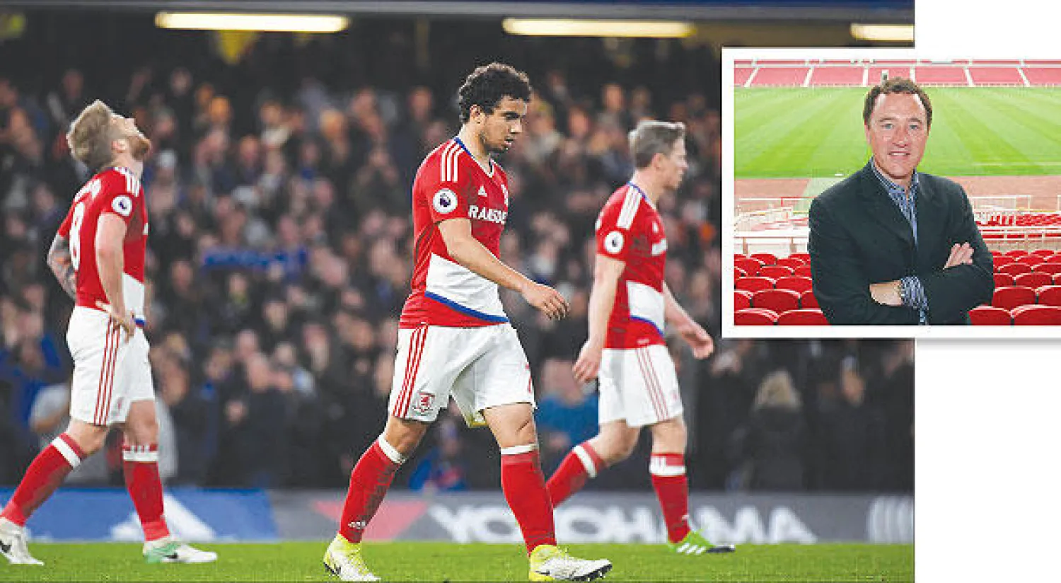 لاعبو ميدلزبره يجرون أذيال الخيبة بعد الهبوط للدرجة الأولى.. وفي الاطار غيبسون مالك ورئيس مجلس إدارة ميدلزبره (رويترز)