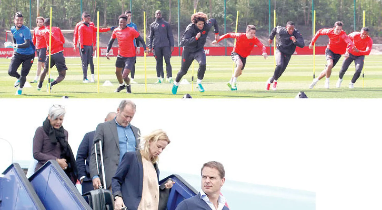 لاعبو مانشستر خلال التدريبات للاستحقاق الأهم في موسمهم بنهائي يوروبا ليغ (رويترز)  -  لاعبو أياكس لحظة وصولهم امس إلى استوكهولم (إ.ب.أ)