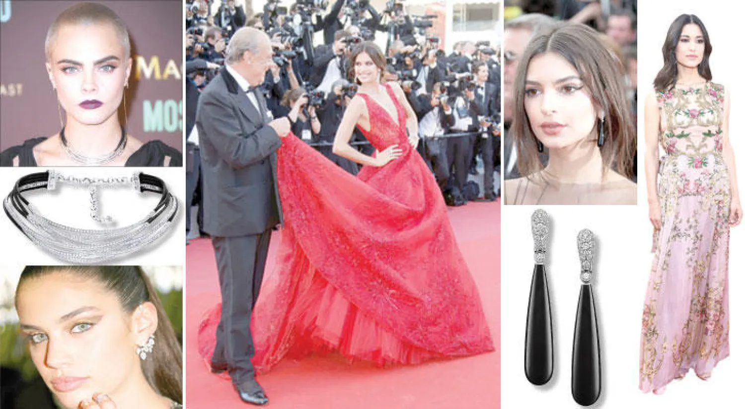 الممثلة جوليا جونز وفستان من «ألبيرتا فيريتي»  -  العارضة إميلي راتاجكوسكي وأقراط أذن من «دي غريزوغونو»  -  أقراط من «دي غريزوغونو»  -  فواز غريوزي صاحب دار «دي غريزوغونو» مع العارضة سارة سامبايو  -  العارضة كارا ديليفين وعقد من «دي غريزوغونو»  -  «دي غريزوغونو»  -  العارضة سارة سامبايو ومجوهرات من «ميسيكا»