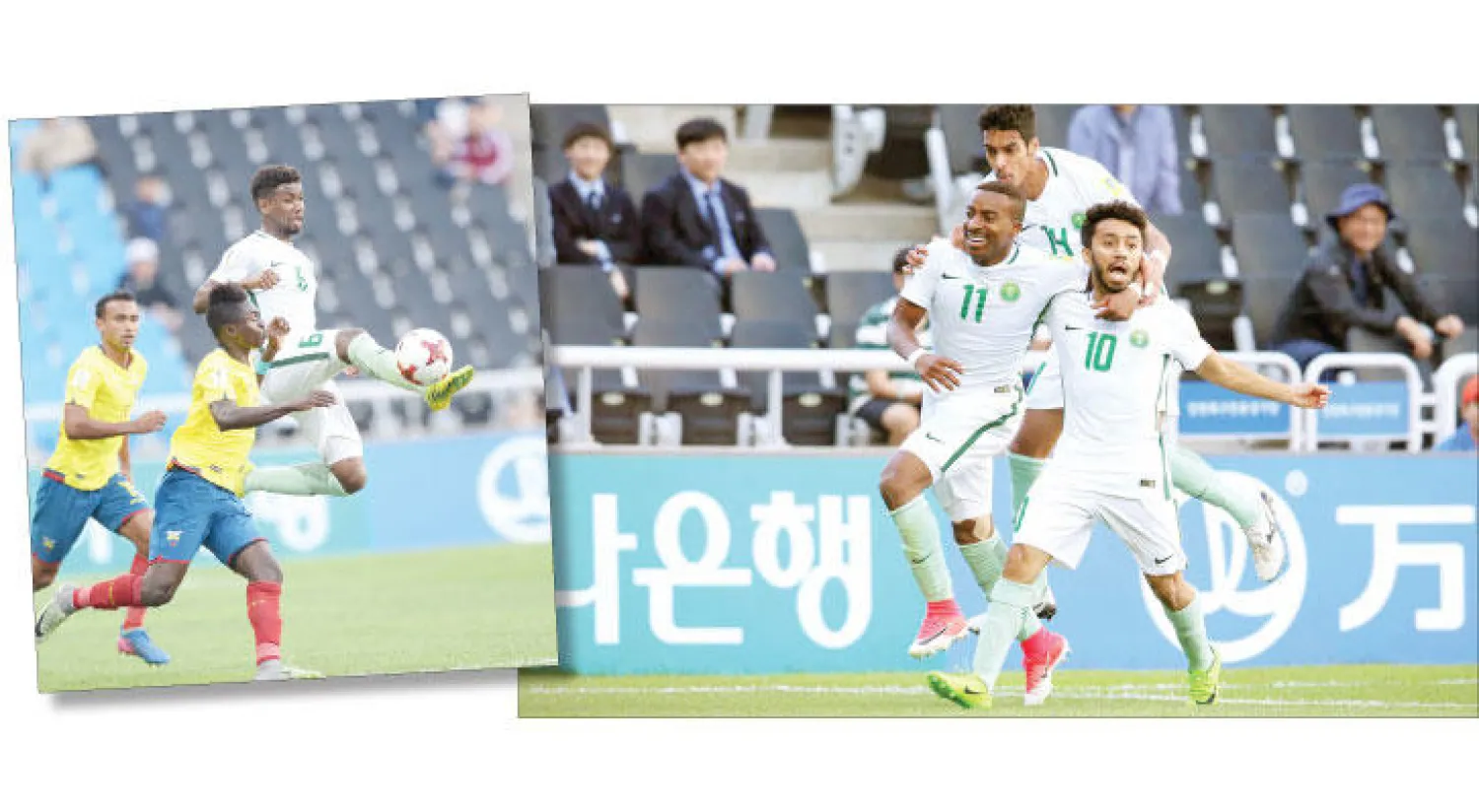 اليامي يحتفل مع زميله الحليف بهدفه الأول في مرمى الإكوادور («الشرق الأوسط») - من مباراة المنتخب السعودي للشباب أمام الإكوادور أمس في كأس العالم («الشرق الأوسط»)